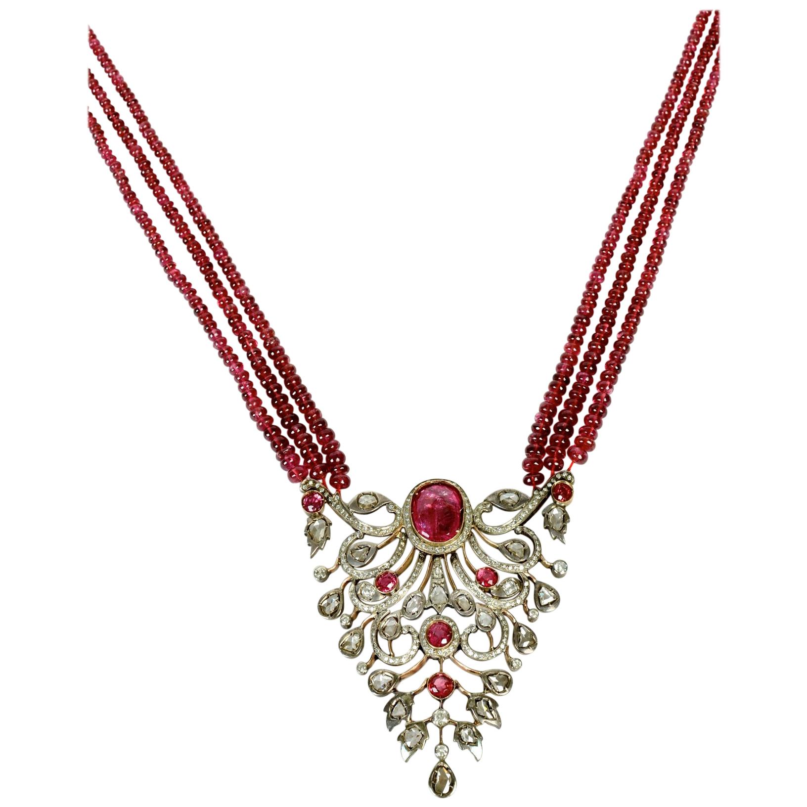 Indian Mogul Style Gold Open-Worked Pendant Set with Diamonds and Rubies For Sale