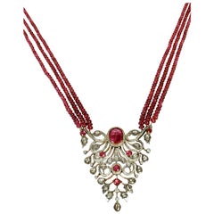 Vintage Indian Mogul Style Gold Open-Worked Pendant Set with Diamonds and Rubies