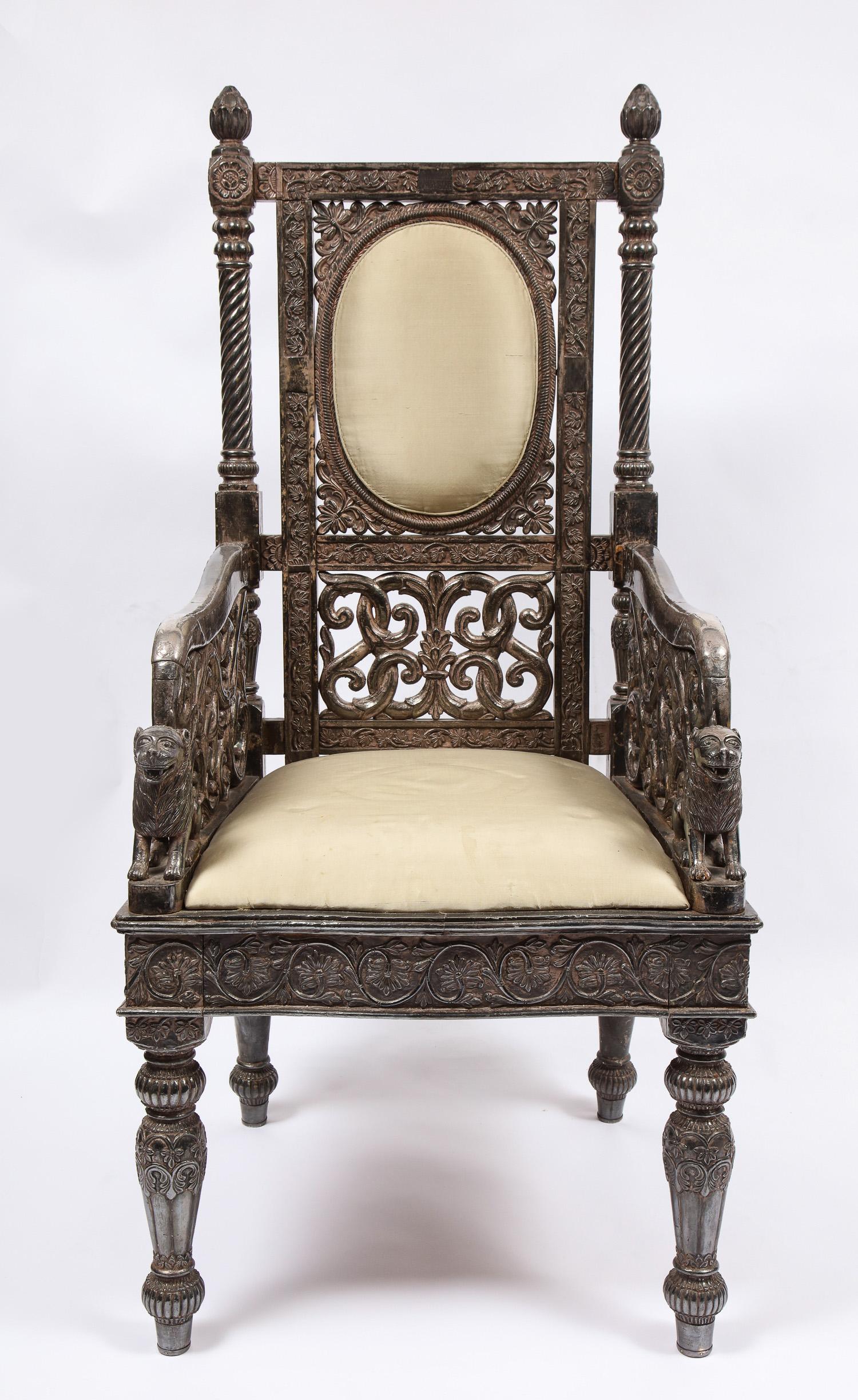 Indian Mogul Style Silver-Clad Gilded Ceremonial Throne Chair for the Maharajah For Sale 12
