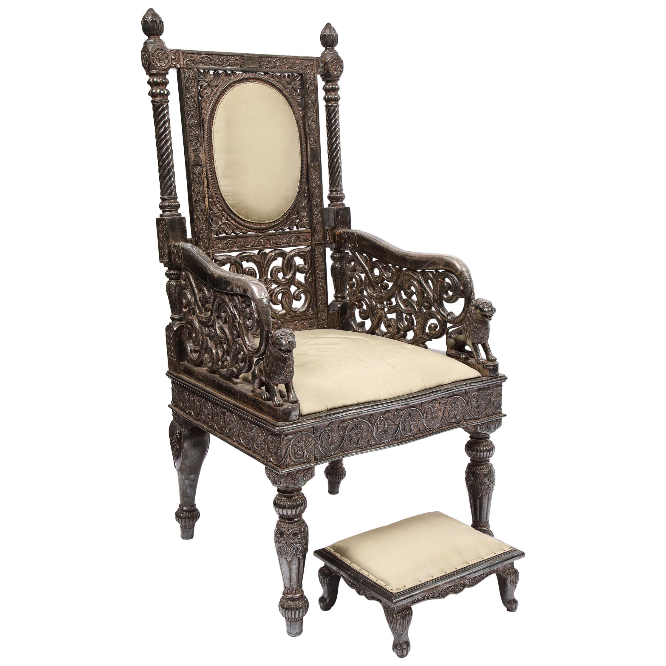 Indian Mogul Style Silver-Clad Gilded Ceremonial Throne Chair for the Maharajah