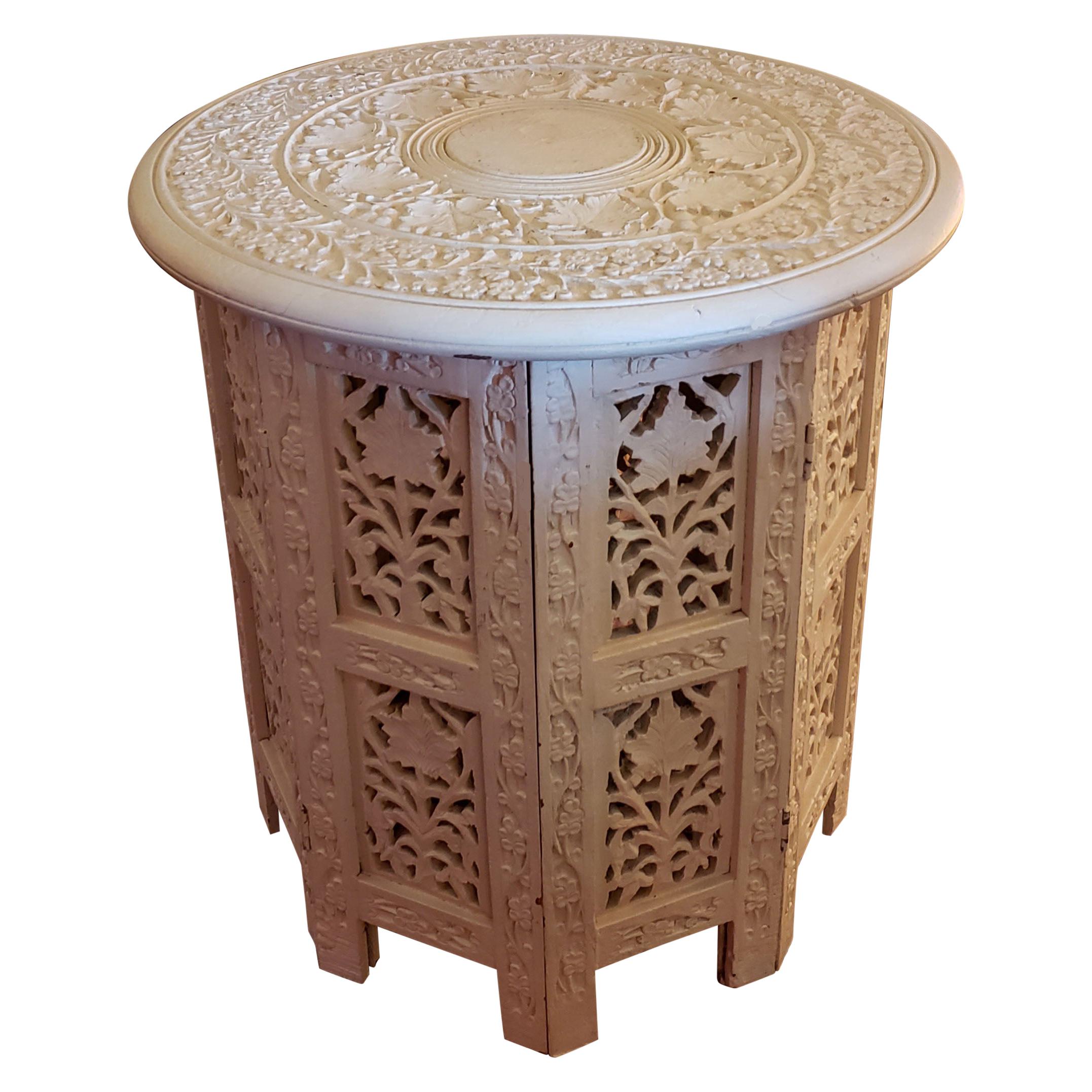 Indian Moroccan Carved Side Table - Folding Style For Sale