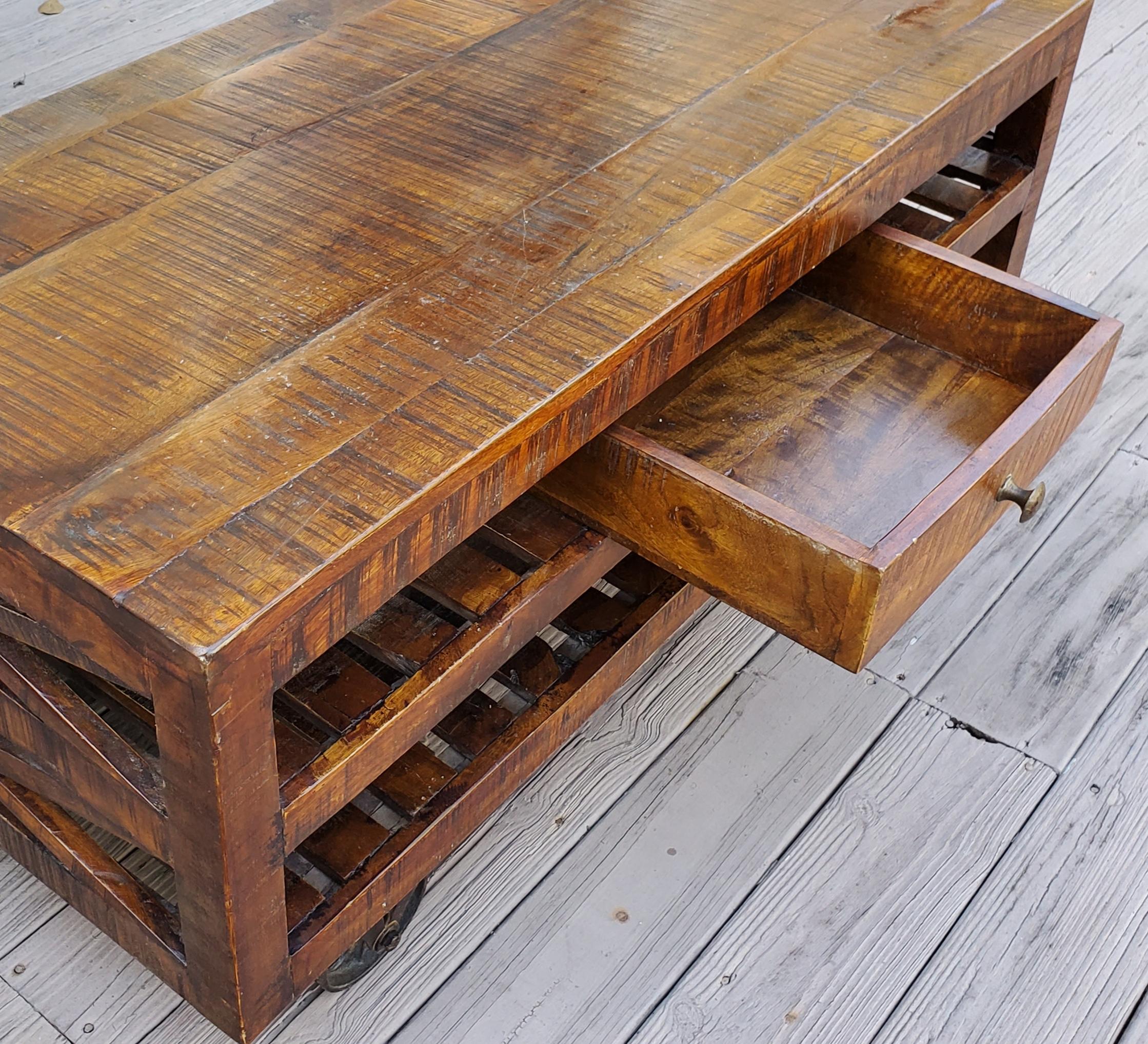 Indian Moroccan Wooden Coffee Table, Cart Wheels For Sale 3