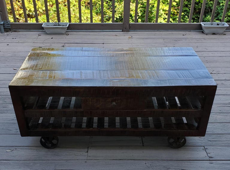 Indian Moroccan Wooden Coffee Table, Cart Wheels For Sale at 1stDibs