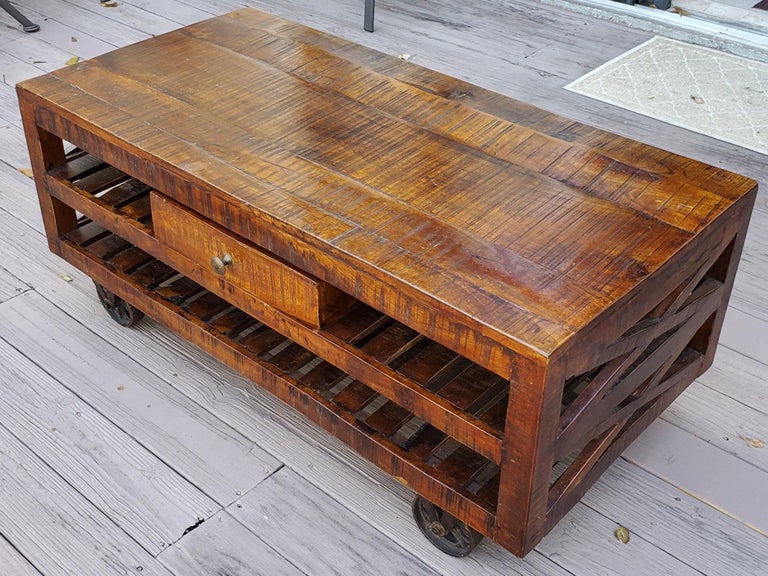 Indian Moroccan Wooden Coffee Table, Cart Wheels For Sale at 1stDibs