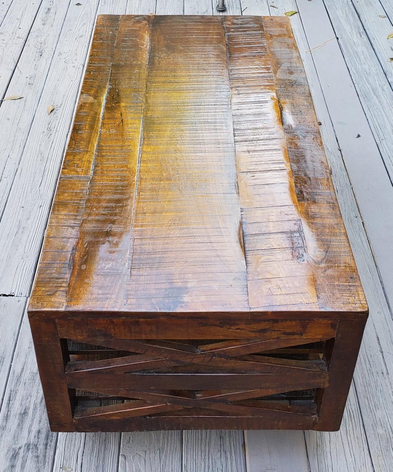 Indian Moroccan Wooden Coffee Table, Cart Wheels For Sale at 1stDibs