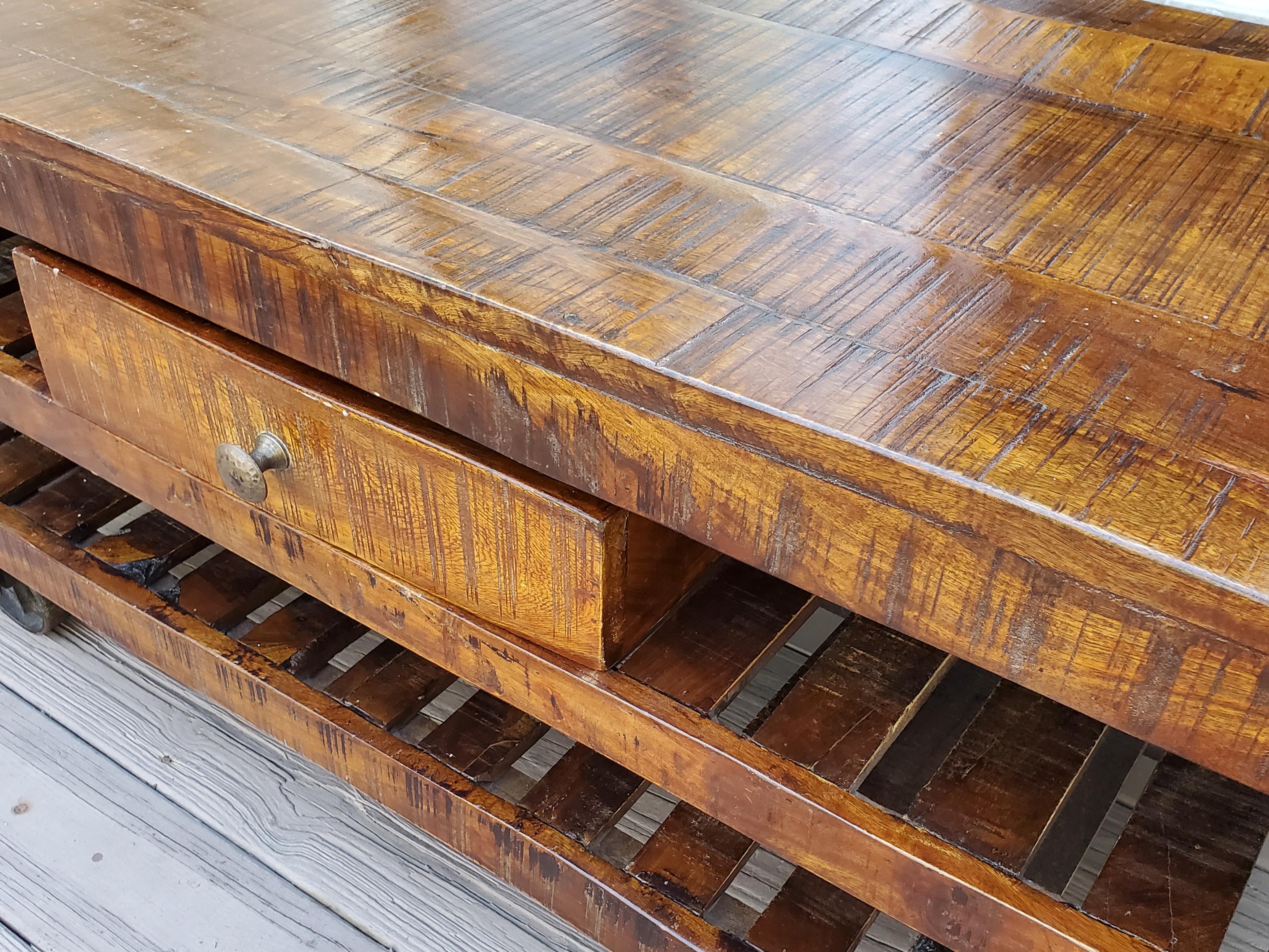 Indian Moroccan Wooden Coffee Table, Cart Wheels In Excellent Condition For Sale In Orlando, FL