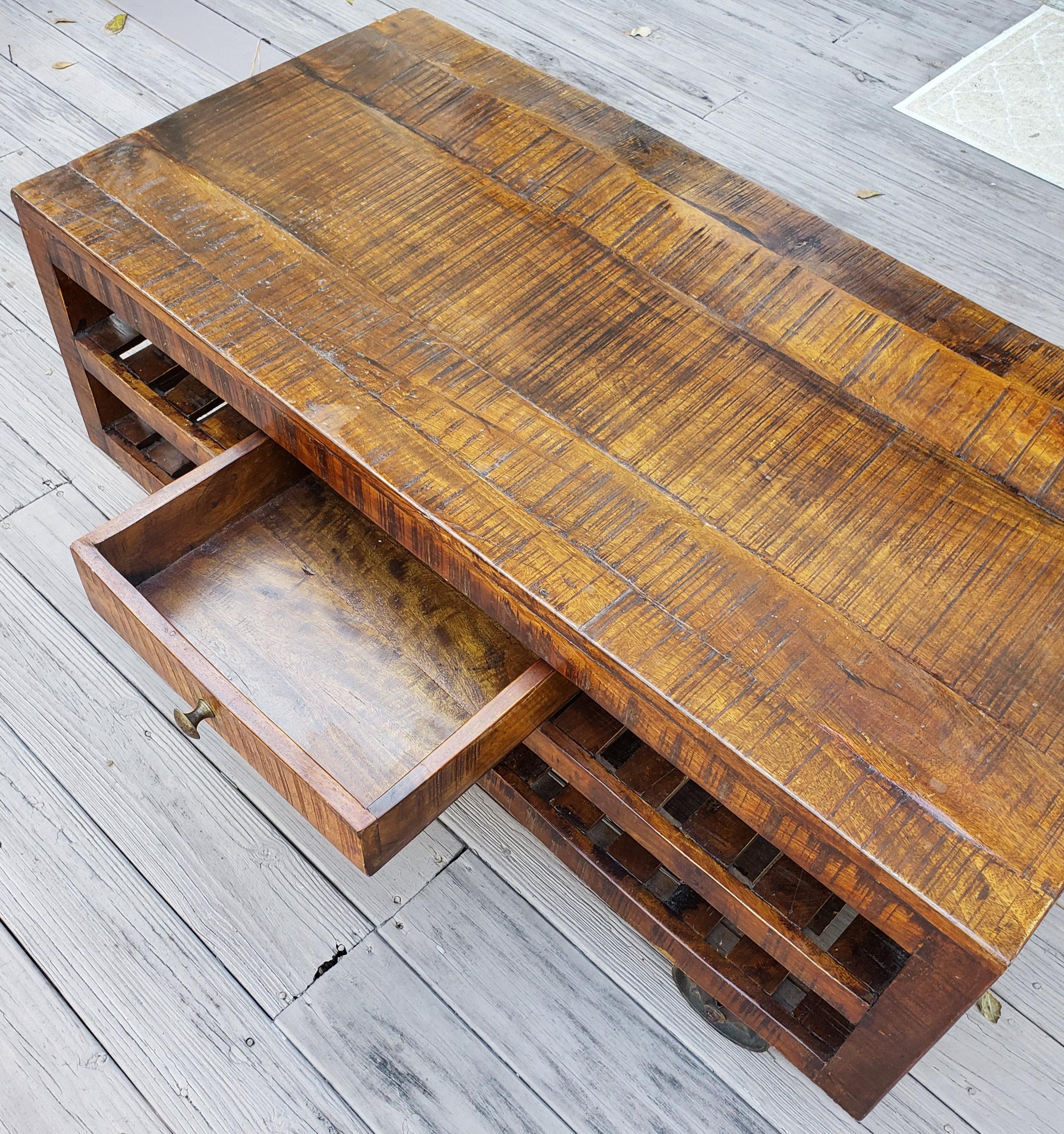 Indian Moroccan Wooden Coffee Table, Cart Wheels For Sale 2