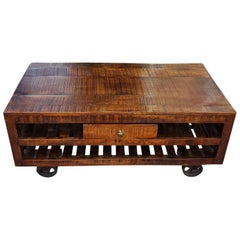 Indian Moroccan Wooden Coffee Table, Cart Wheels