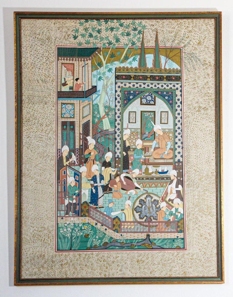 After a 19th century Indo-Persian palace painting scene print on silk in wood gilt frame.
Indian Mughal School silk fabric painting or print, illuminated and gilt floral border.
Scene is in a Maharajah palace where guest are gathering for a party