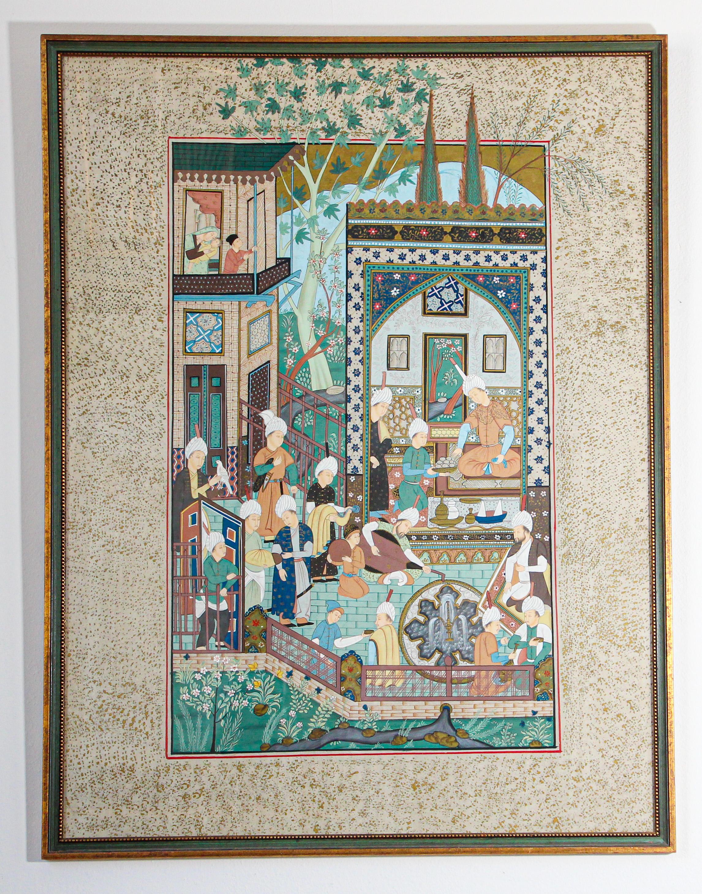 After a 19th century Indo-Persian palace painting scene print in wood gilt frame.
Indian Mughal School print, illuminated and gilt floral border.
Scene is in a Maharajah palace where guest are gathering for a party with musicians, food and