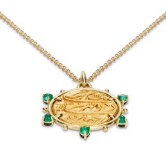Indian Mughal Ancient Gold Coin Pendant Sapphire Emerald 18 Gold Karat