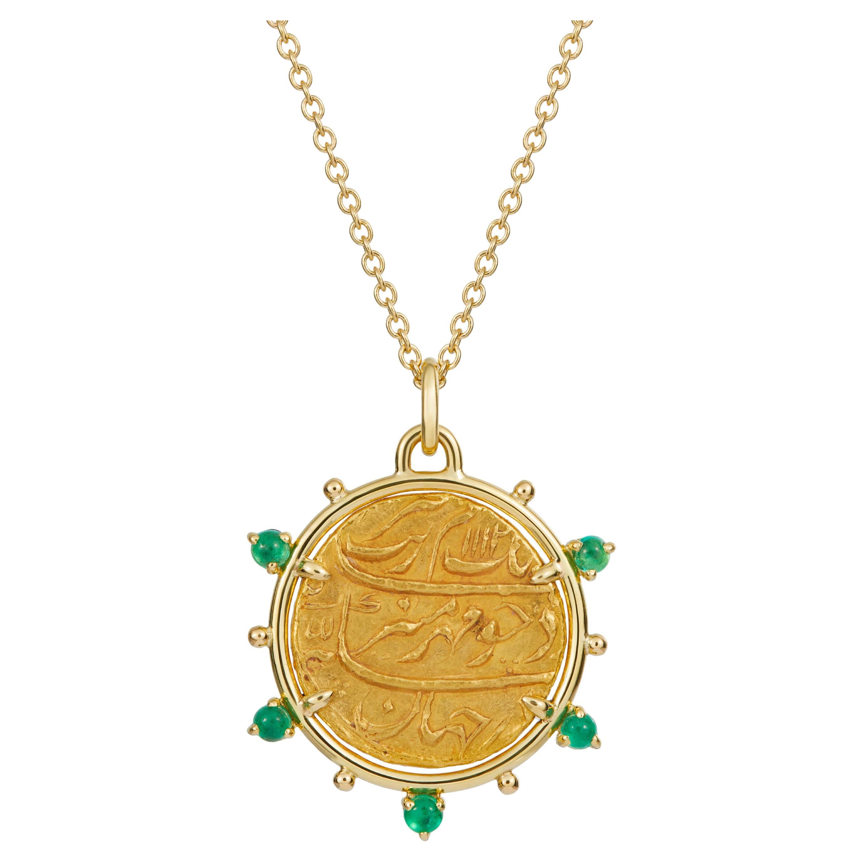 Indian Mughal Ancient Gold Coin Pendant Sapphire Emerald 18 Gold Karat