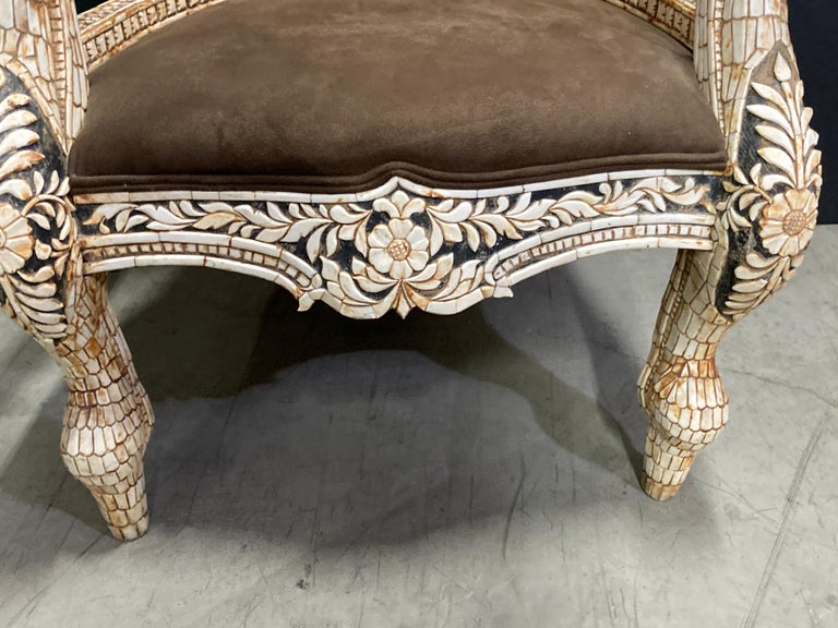 Hand-Carved Indian Mughal Bone Inlaid Royal Maharaja Throne Armchair For Sale