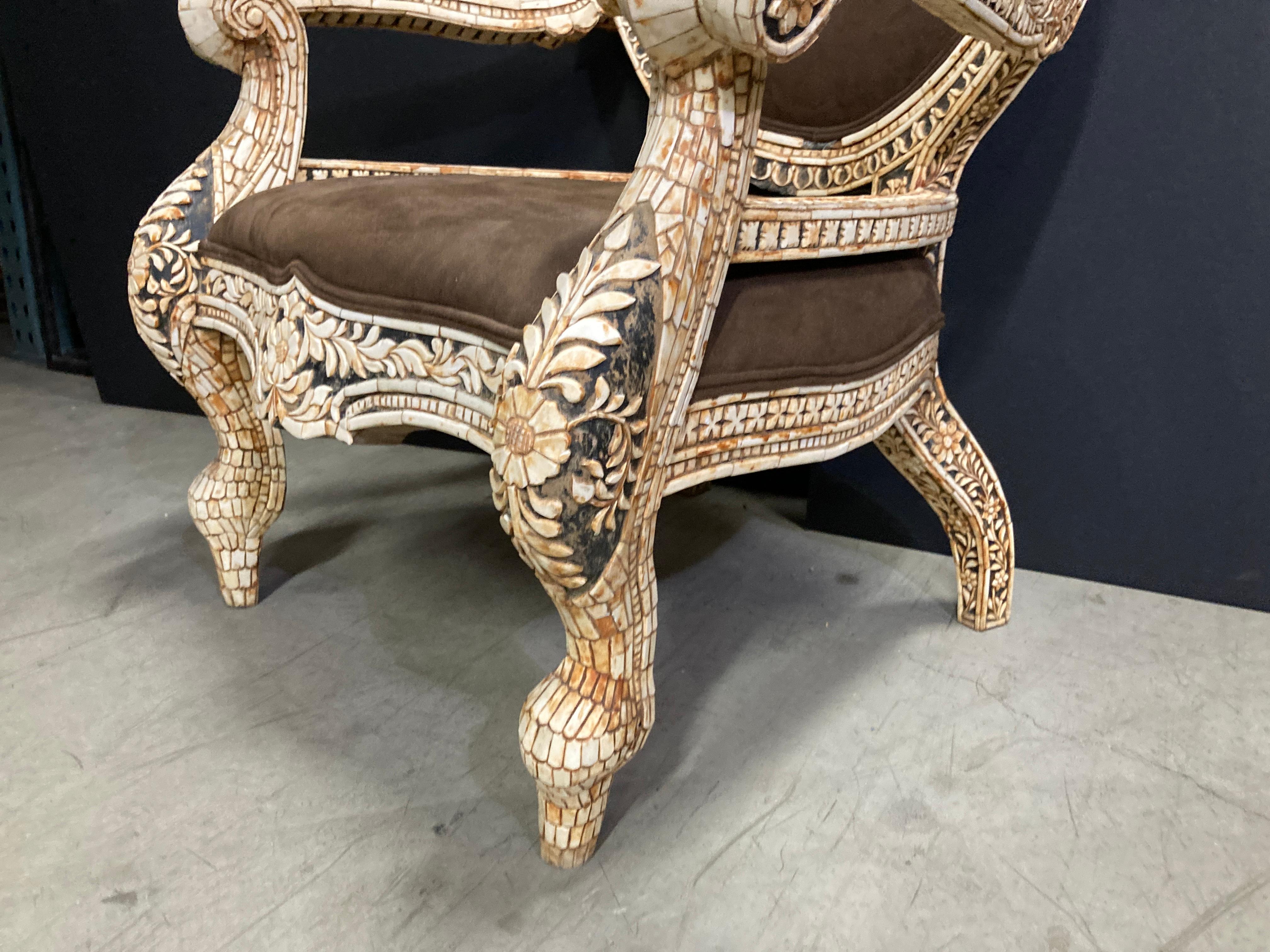 Anglo Indian Bone Inlaid Throne Armchair In Good Condition For Sale In North Hollywood, CA