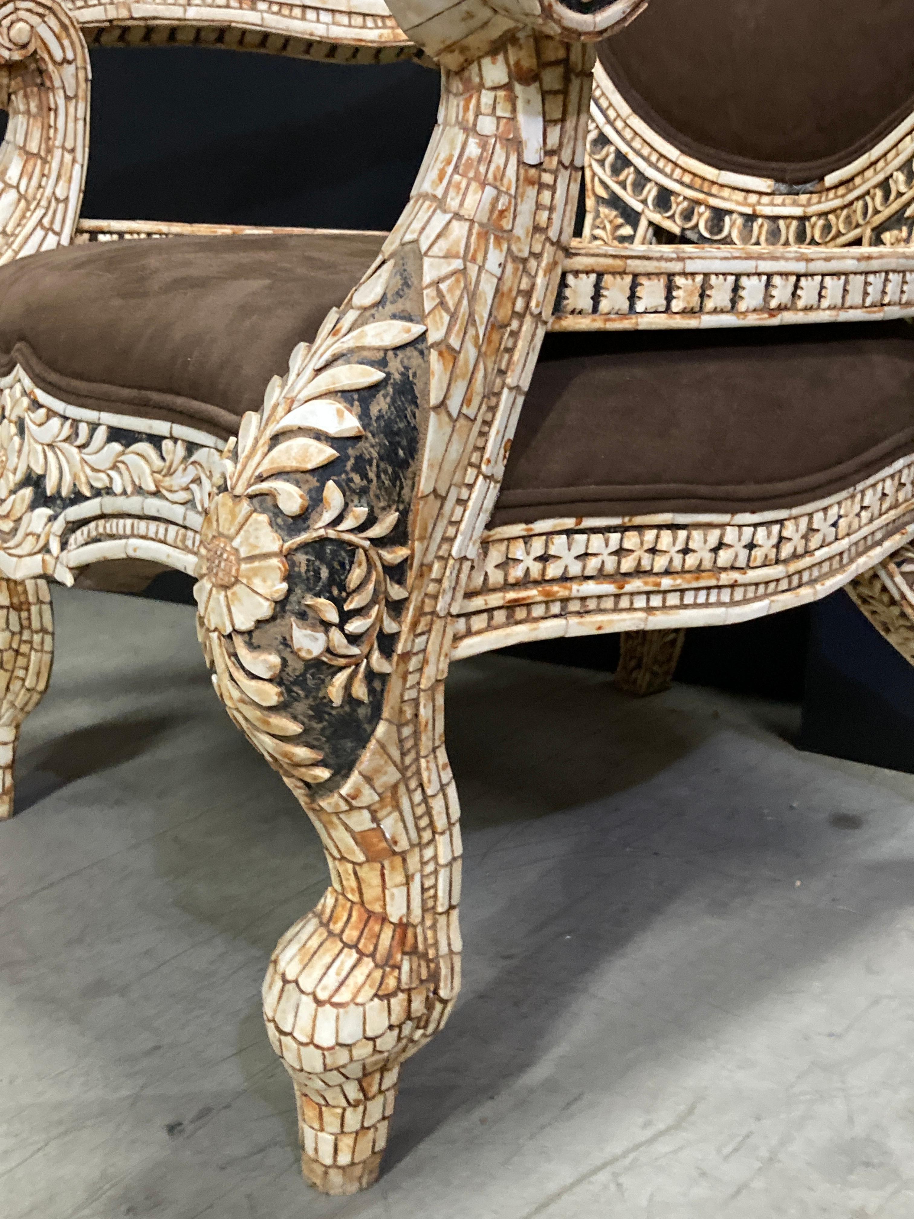 20th Century Anglo Indian Bone Inlaid Throne Armchair For Sale