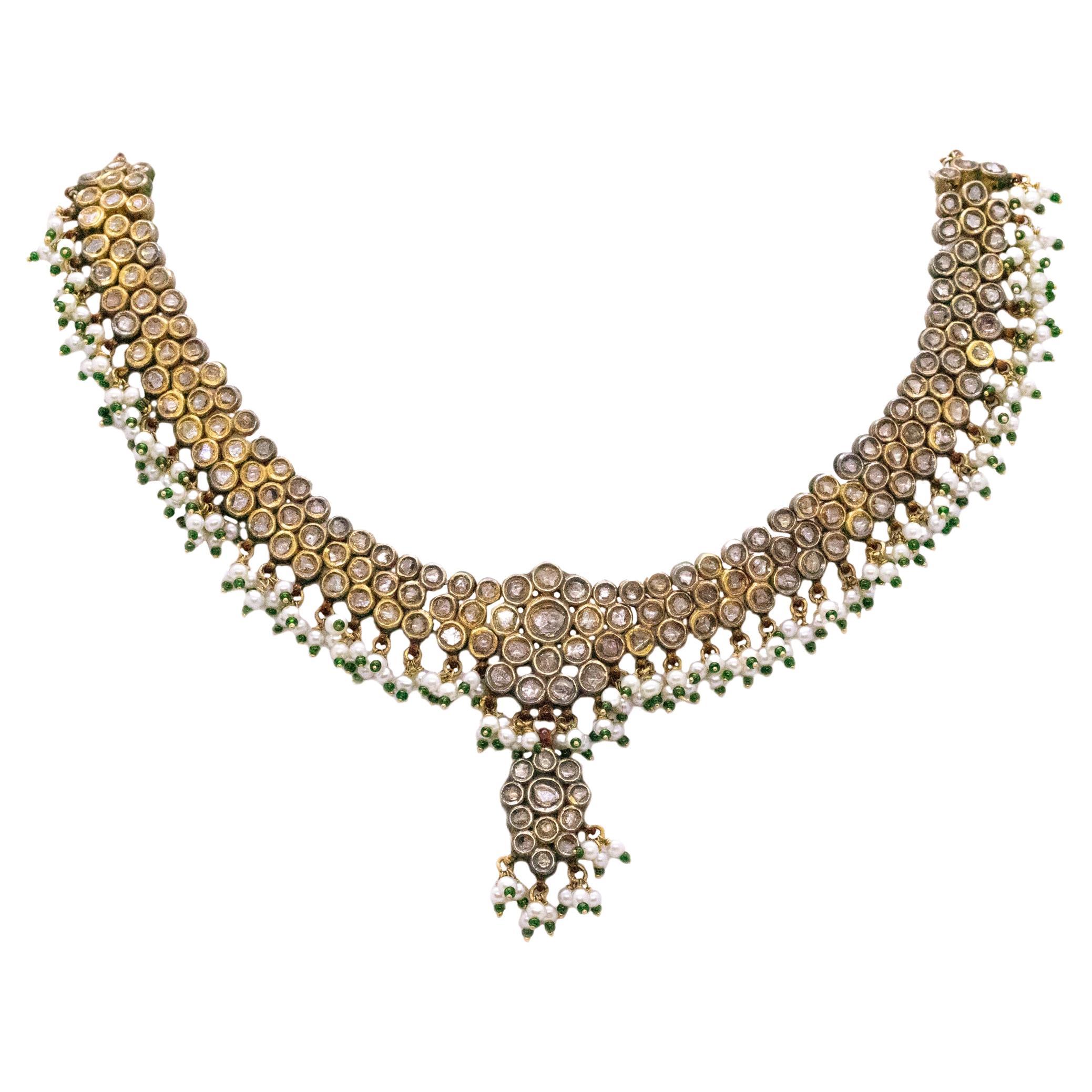 Indian Mughal Court Jeweled Necklace 21Kt Gold 32.55 Cts Diamonds Emerald Pearls