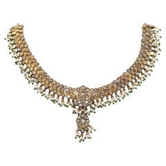 Vintage Indian Mughal Court Jeweled Necklace 21Kt Gold 32.55 Cts Diamonds Emerald Pearls
