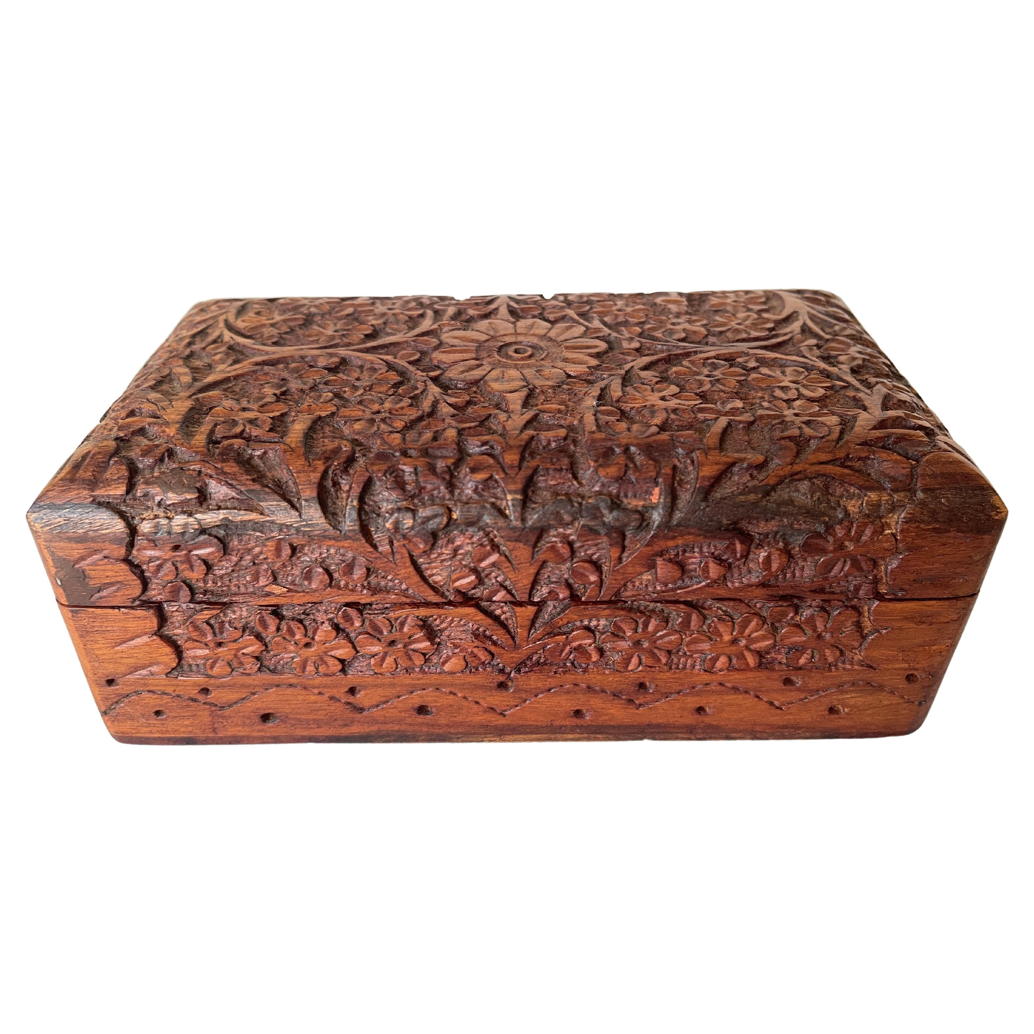 Hand Carved Wooden Floral Jewellery Storage Organiser Box Case Chest Holder 