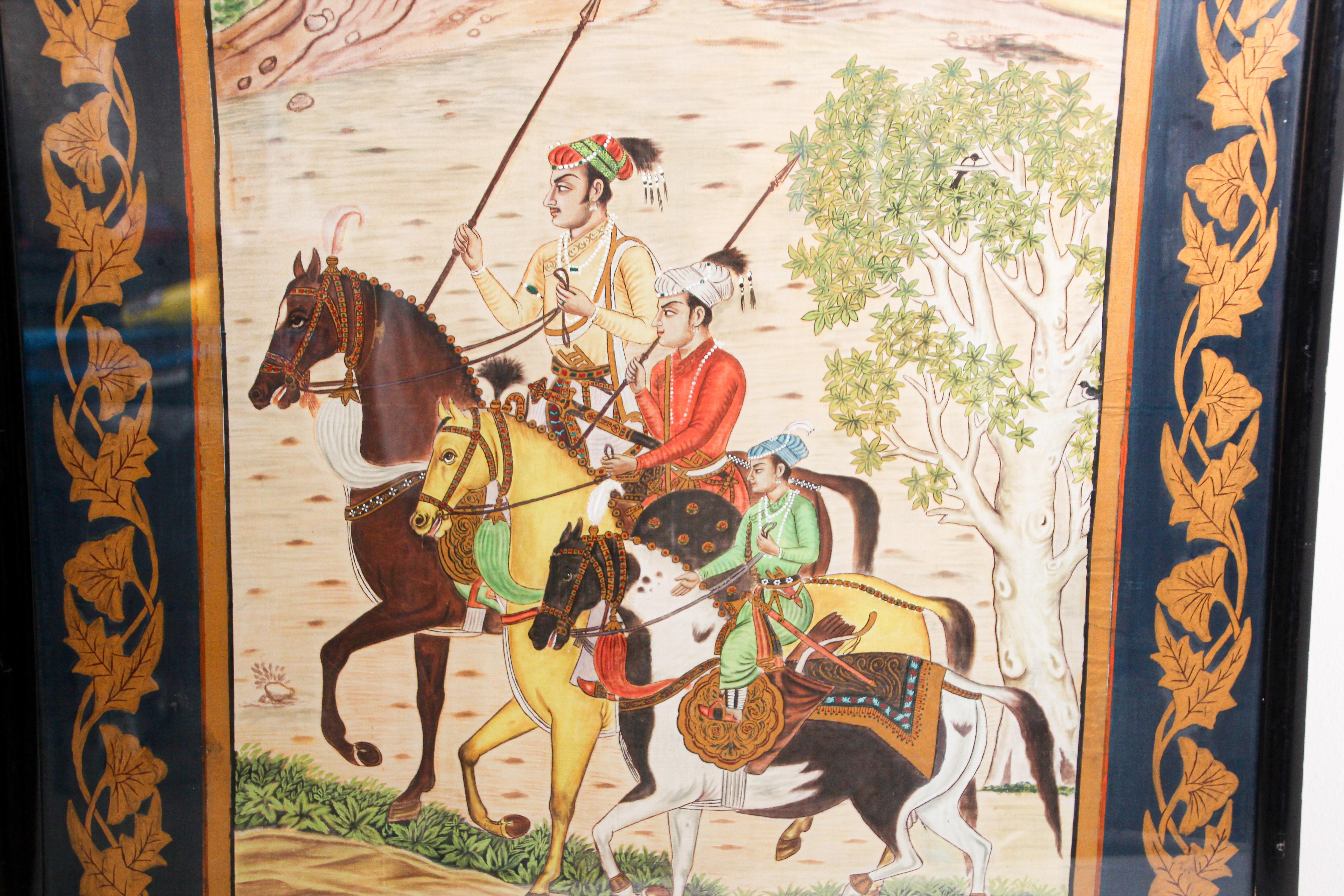 Peinture de scène de l'école moghole indienne du 17ème siècle sur soie Shah Jahan Son 8