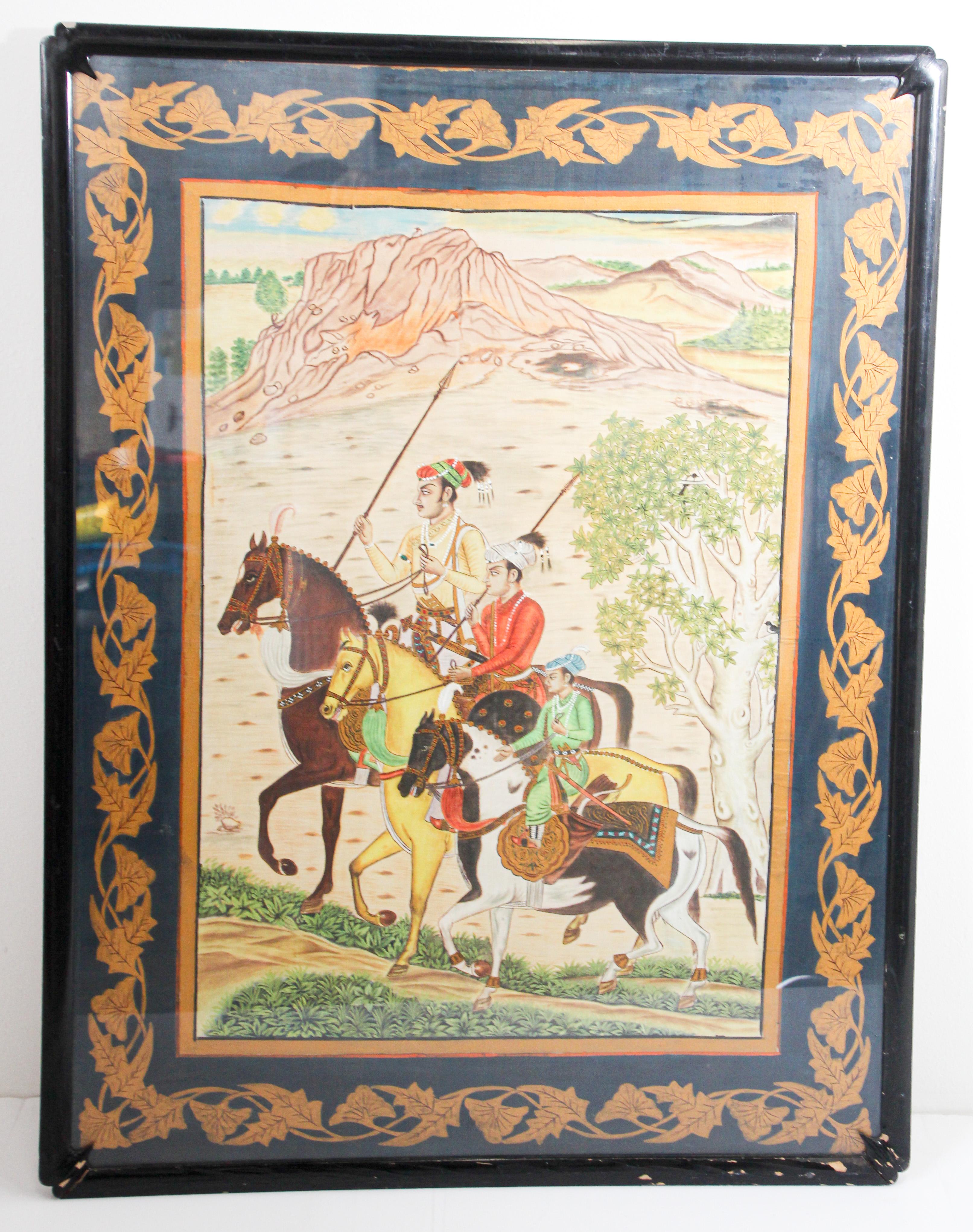Indian Mughal style 19th century Indian painting scene of Maharajahs with period traditional costumes hunting on horse.
Indian Mughal School painting on silk Circa 1950.
Scene is of Emperor Shah Jahan's Three Sons: the sons of the Maharajah hunting