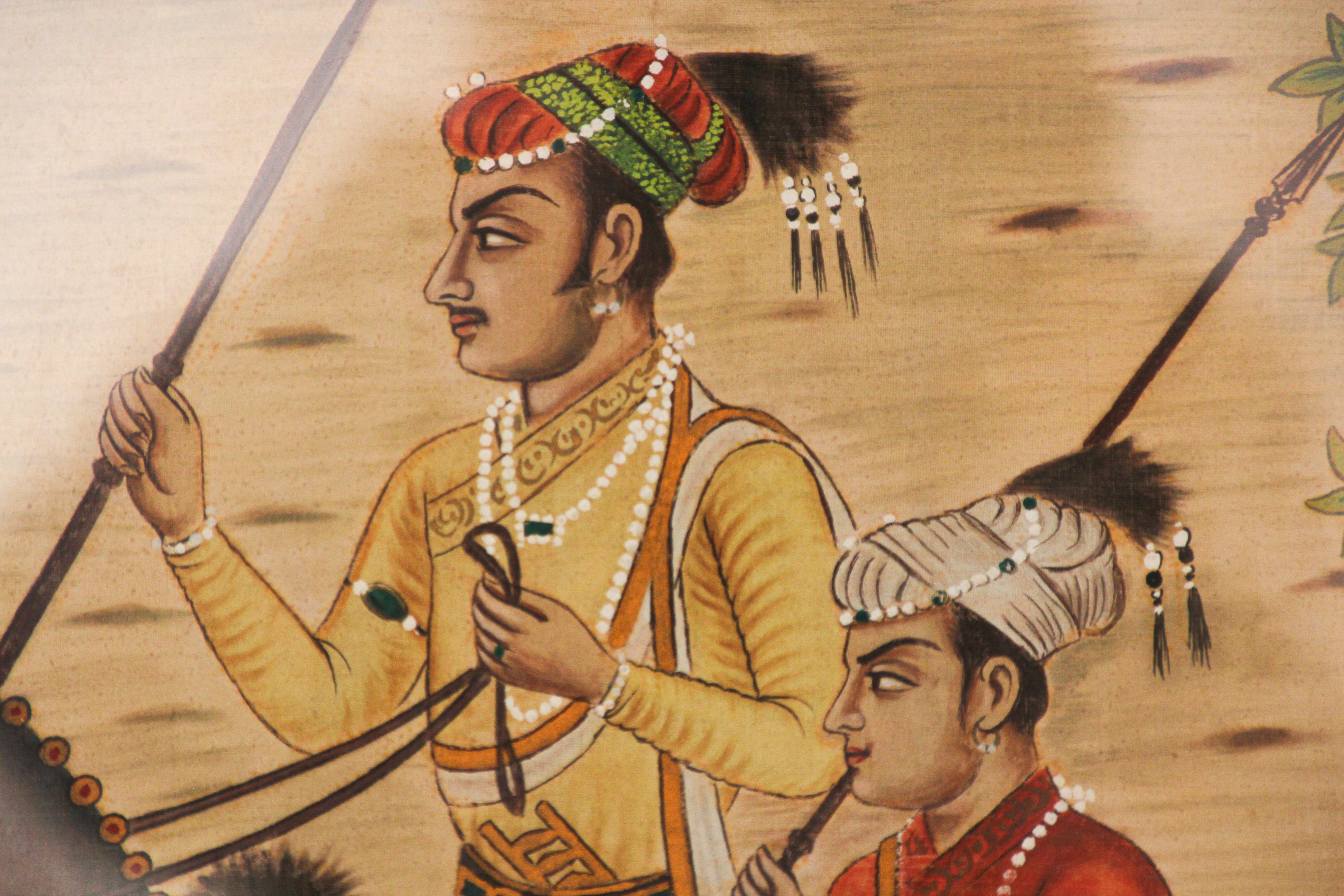 Indian Mughal School 17th Century Scene Painting on Silk Shah Jahan Son's 12