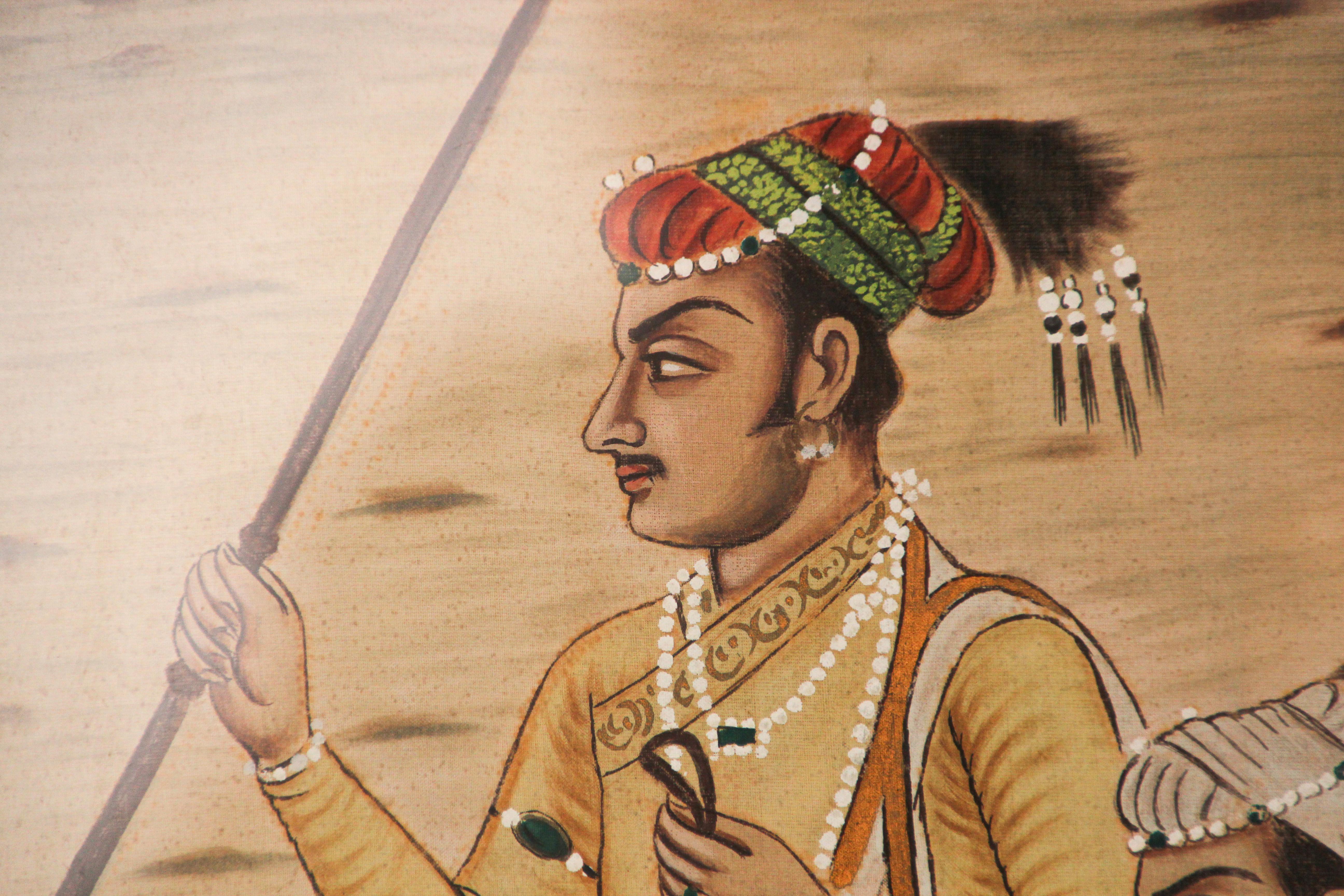 20th Century Indian Mughal School 17th Century Scene Painting on Silk Shah Jahan Son's
