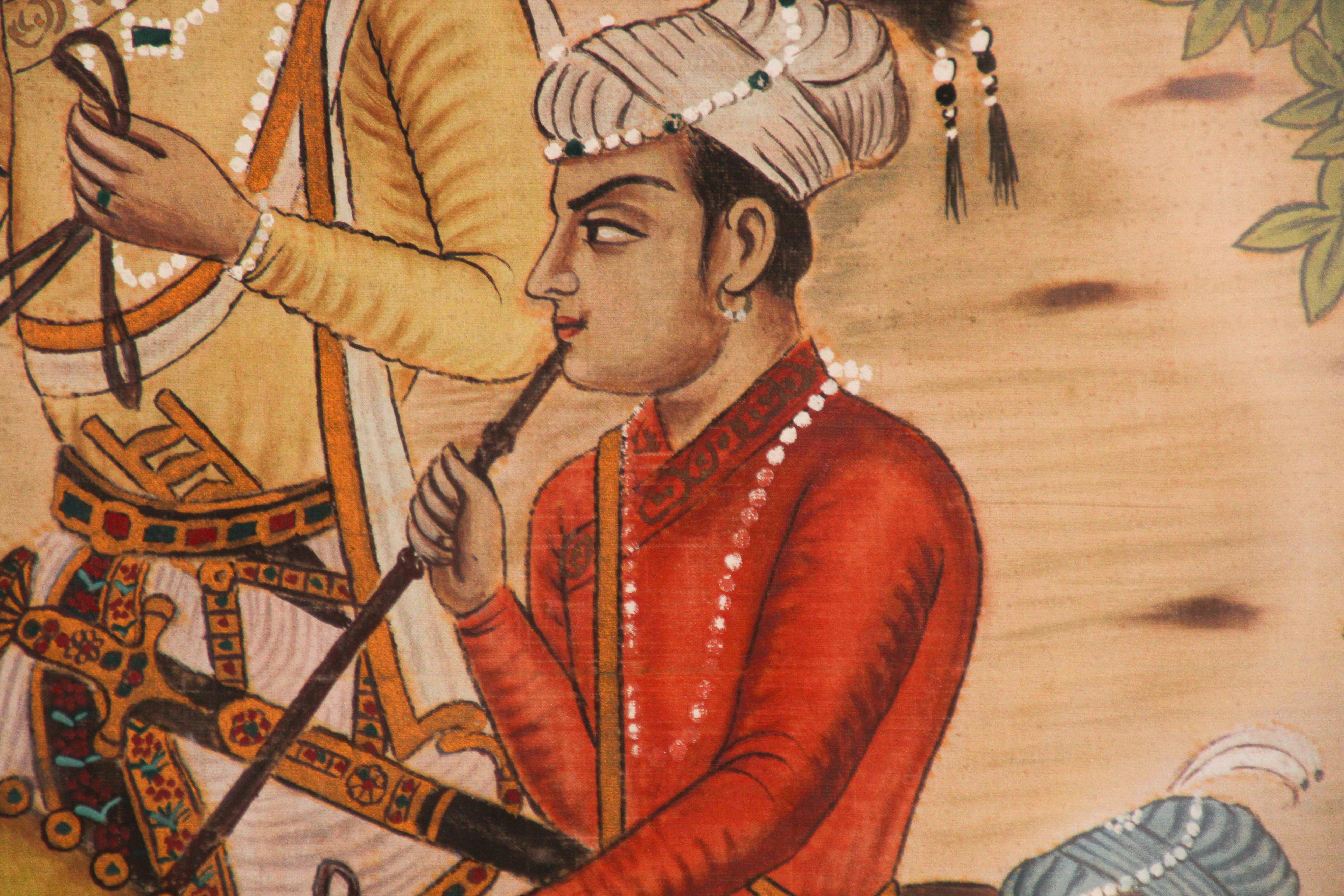 20ième siècle Peinture de scène de l'école moghole indienne du 17ème siècle sur soie Shah Jahan Son