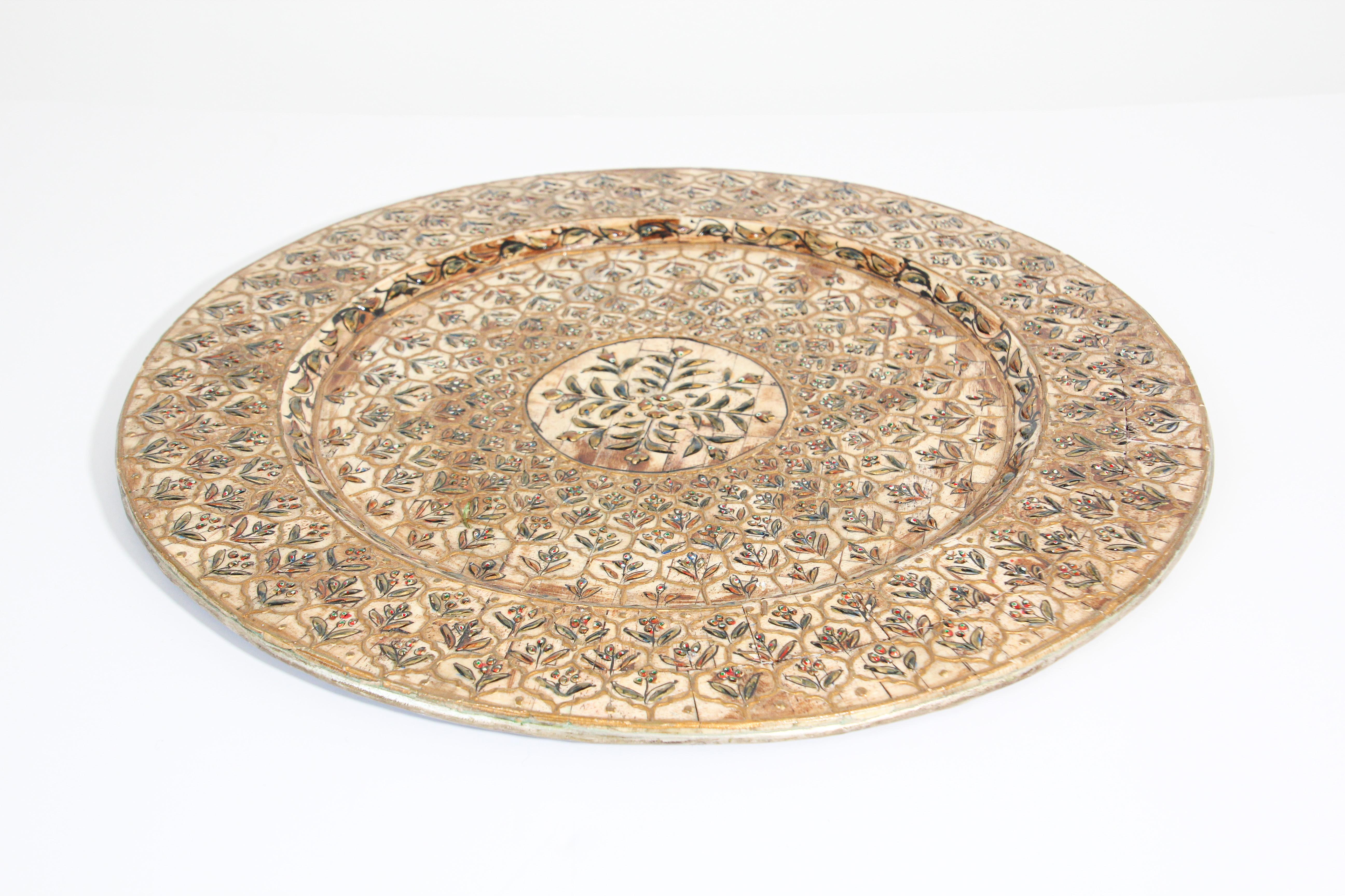 Agra Indian Mughal style Overlaid and Hand Painted Metal Platter For Sale