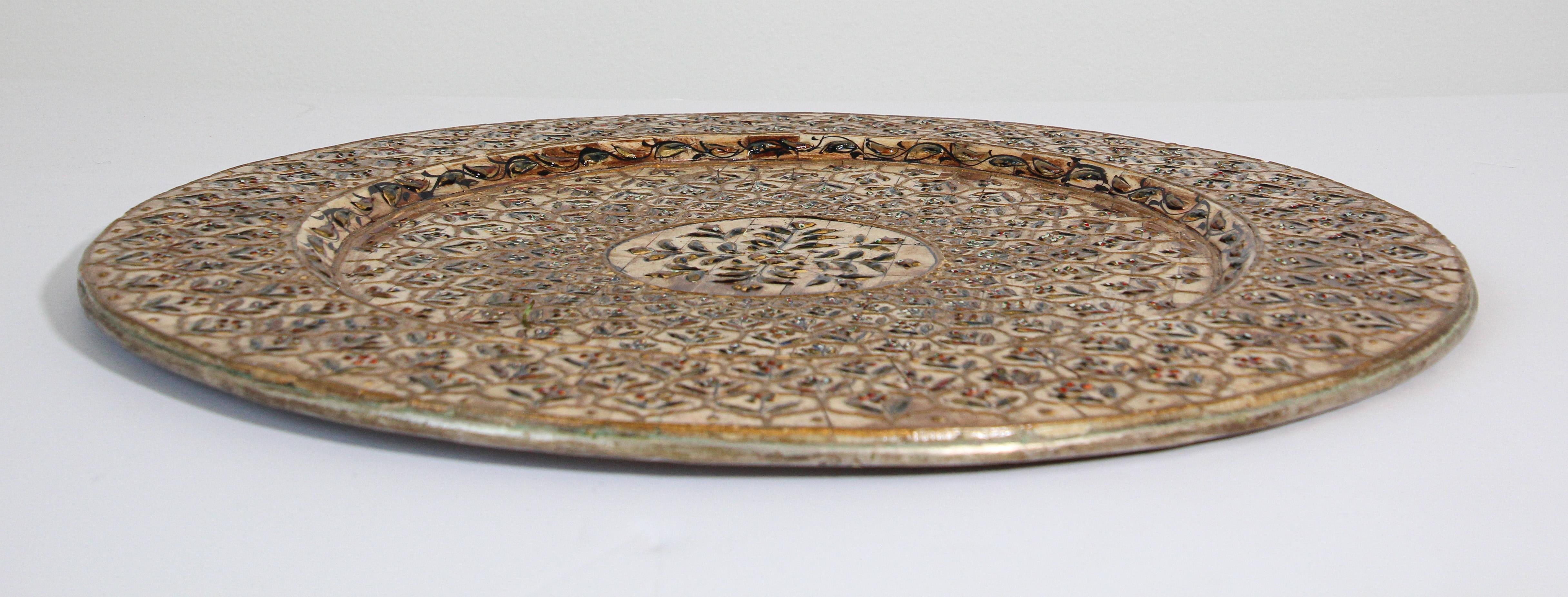 20th Century Indian Mughal style Overlaid and Hand Painted Metal Platter For Sale
