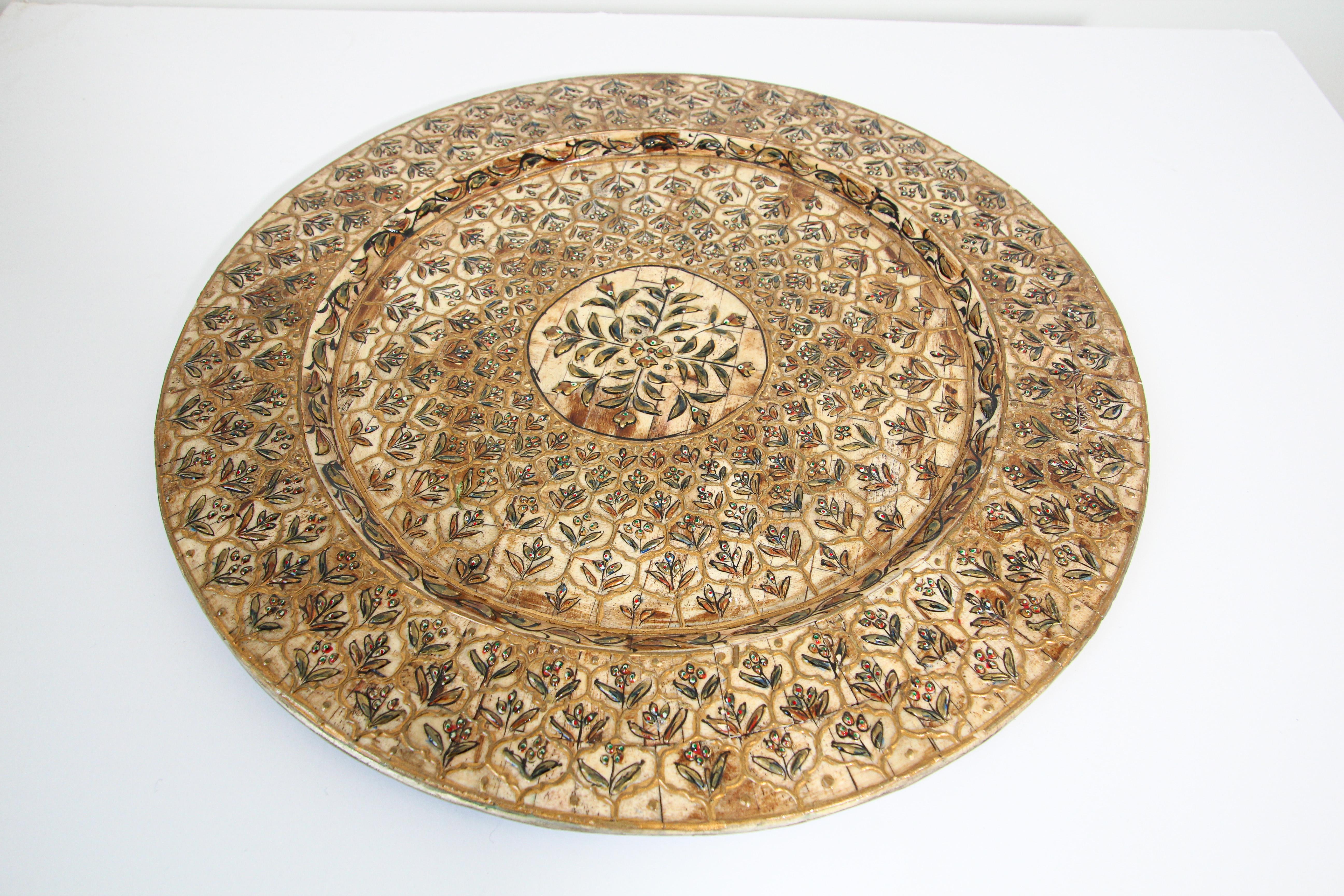 Indian Mughal style Overlaid and Hand Painted Metal Platter For Sale 1