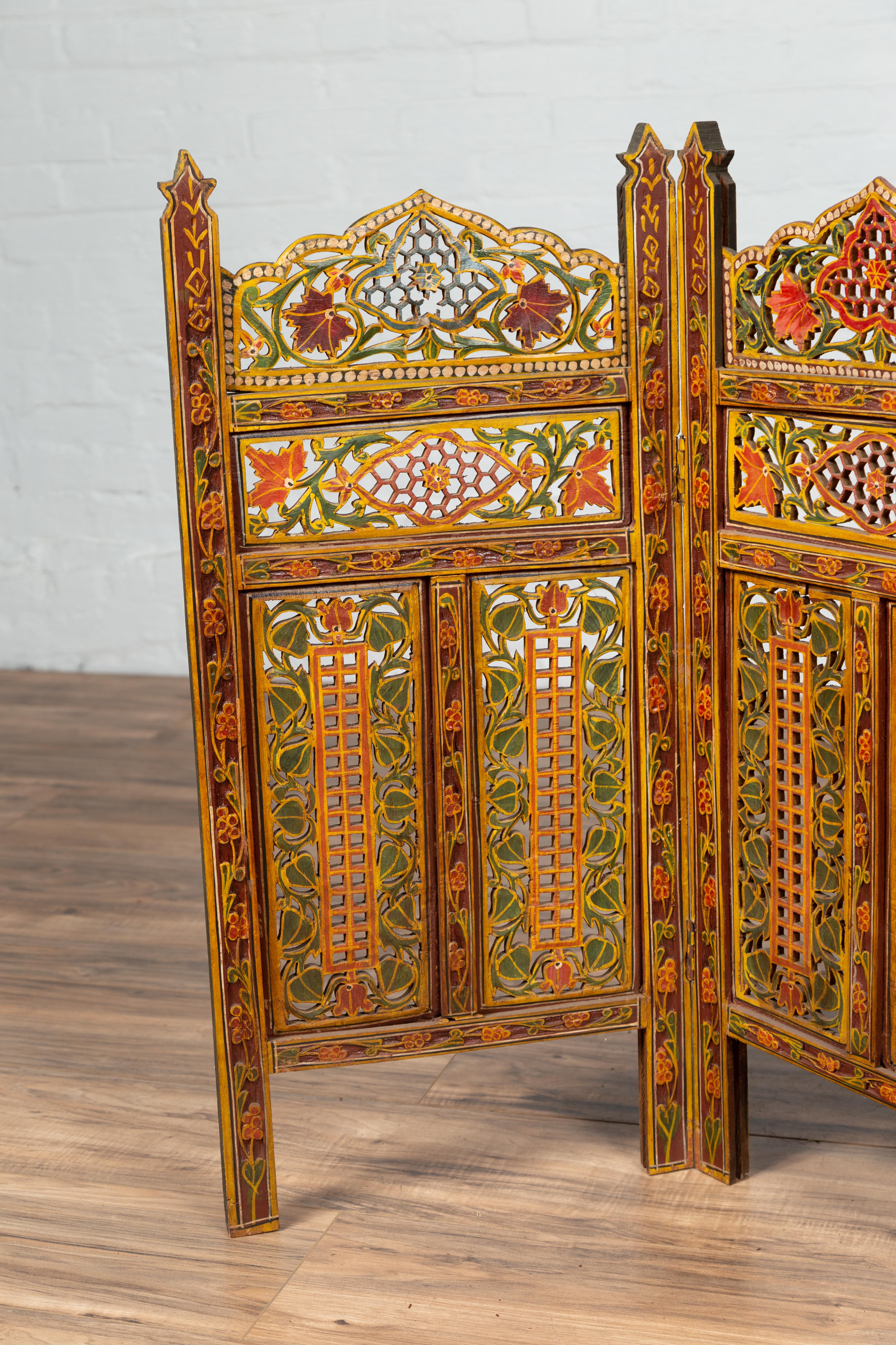 Indian Multi-Color Open Fretwork Hand Carved and Hand Painted Four-Panel Screen 1