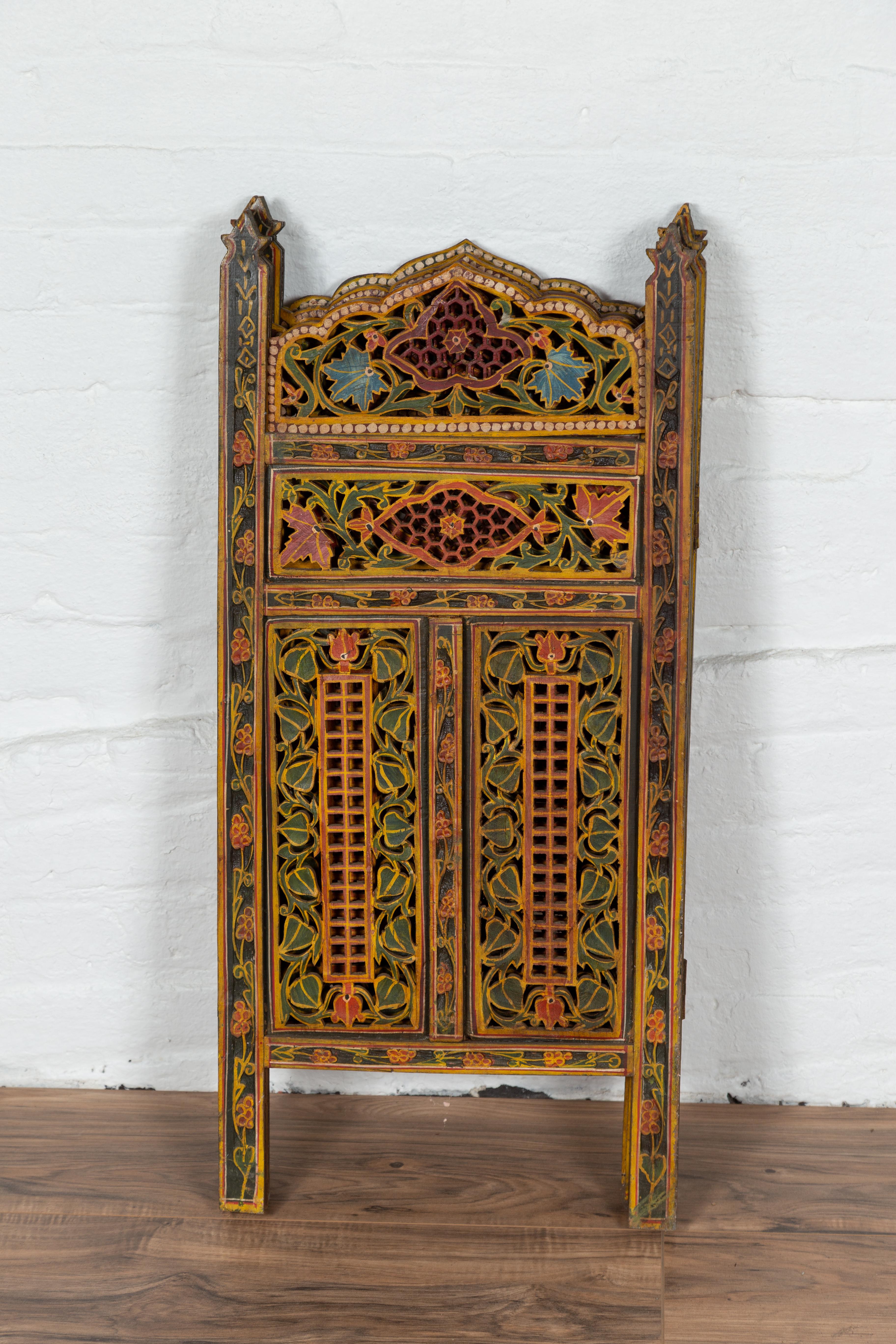 Indian Multi-Color Open Fretwork Hand Carved and Hand Painted Four-Panel Screen 2