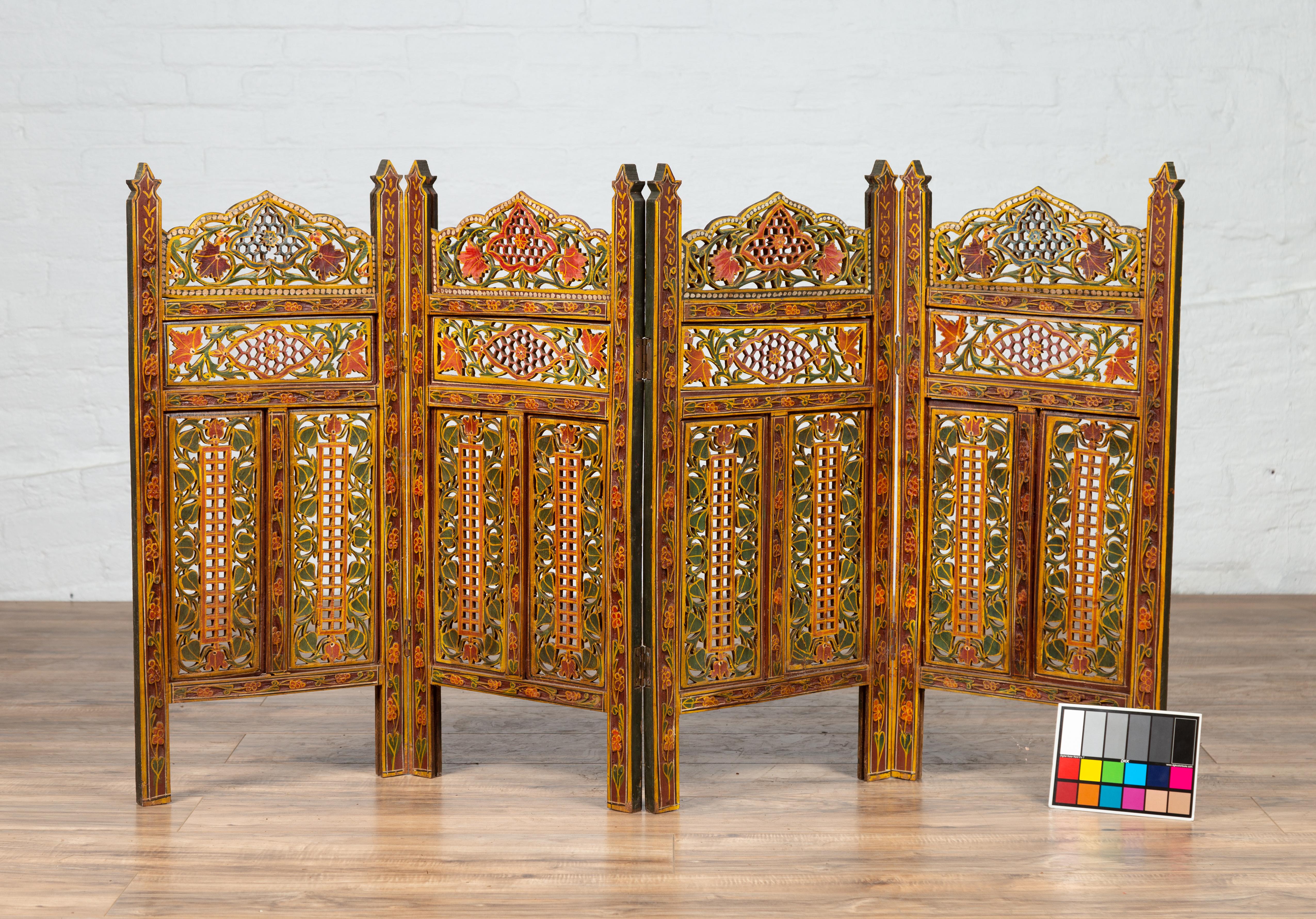 Indian Multi-Color Open Fretwork Hand Carved and Hand Painted Four-Panel Screen 6