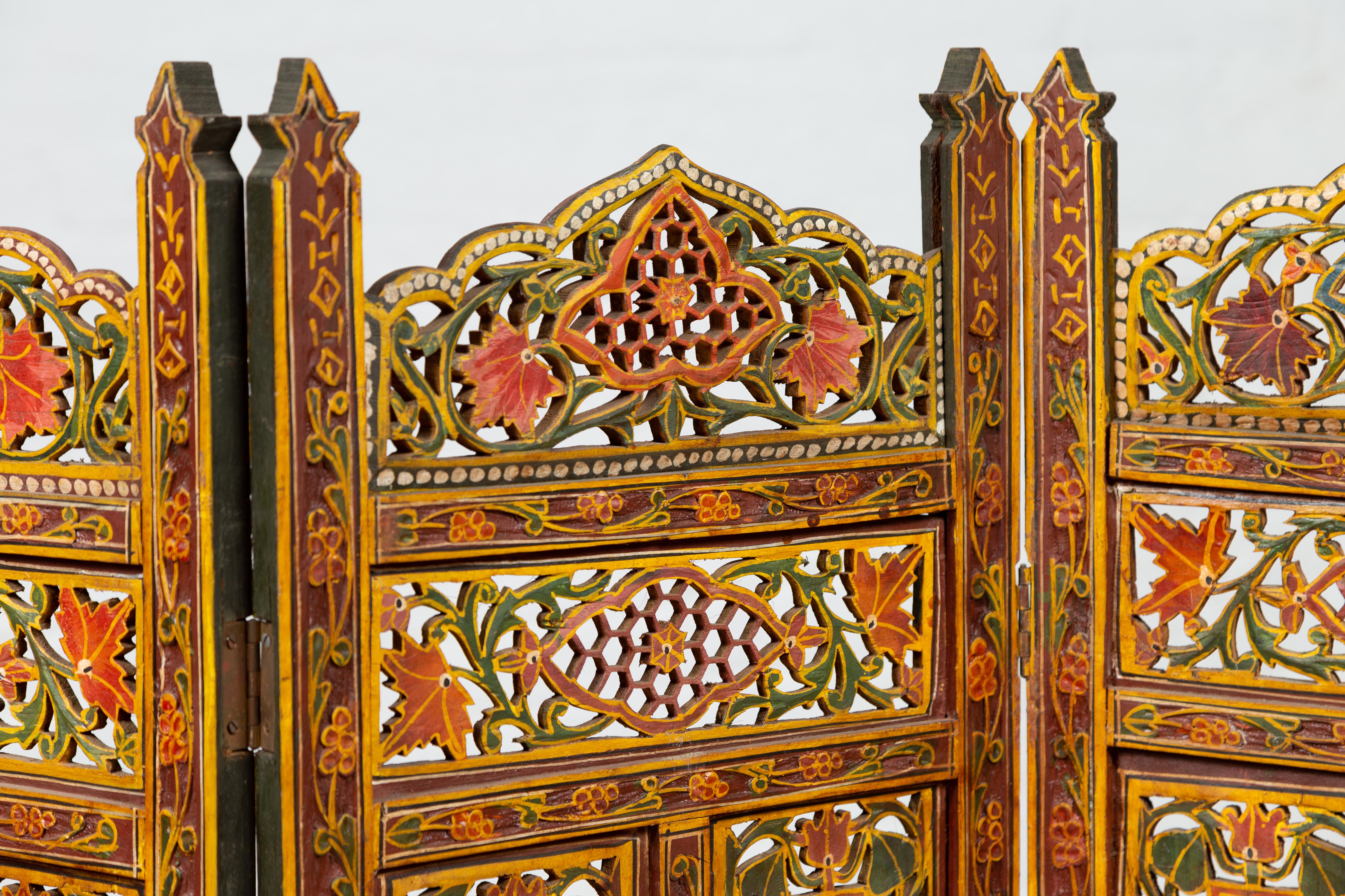 Hand-Carved Indian Multi-Color Open Fretwork Hand Carved and Hand Painted Four-Panel Screen