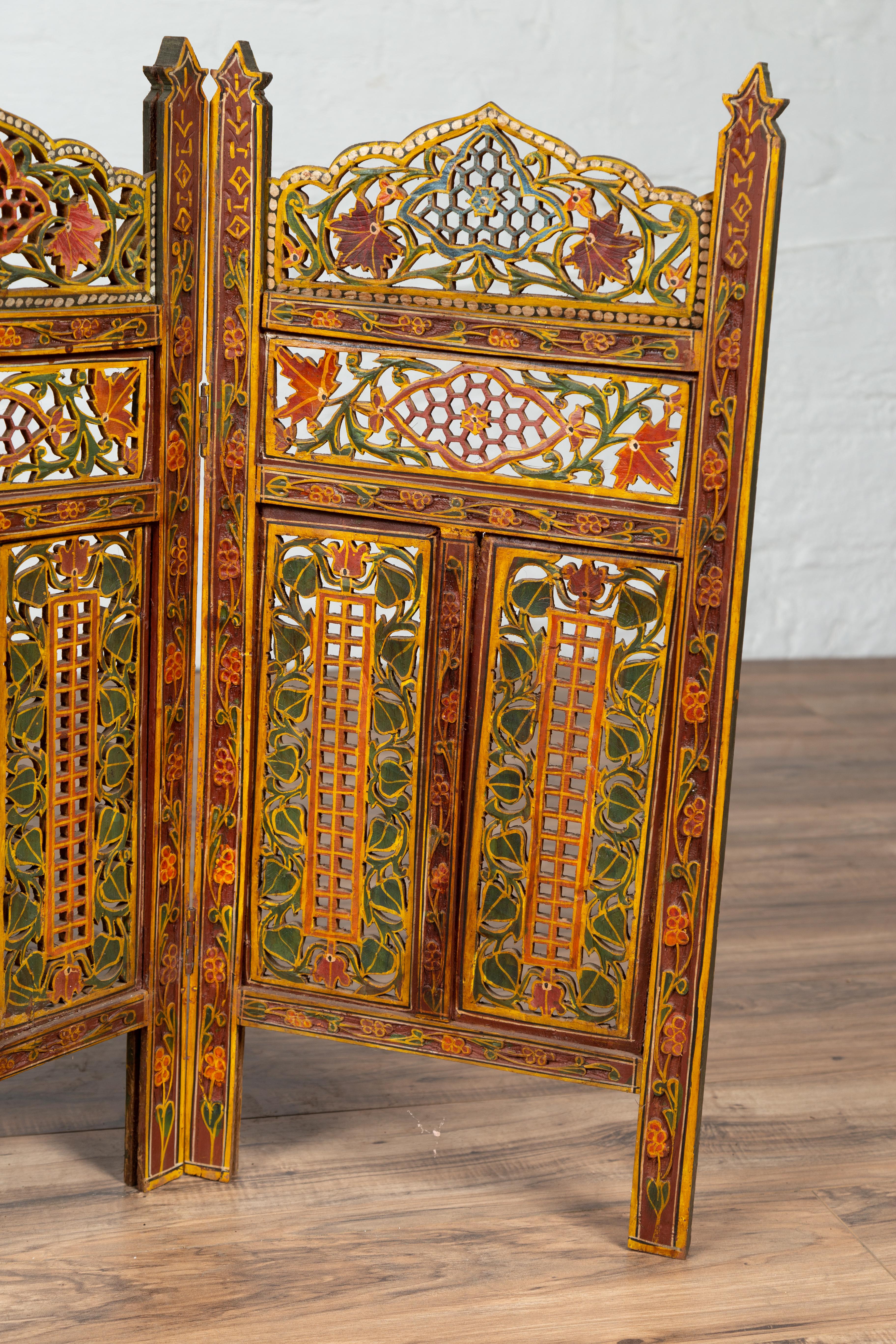 Indian Multi-Color Open Fretwork Hand Carved and Hand Painted Four-Panel Screen In Good Condition In Yonkers, NY