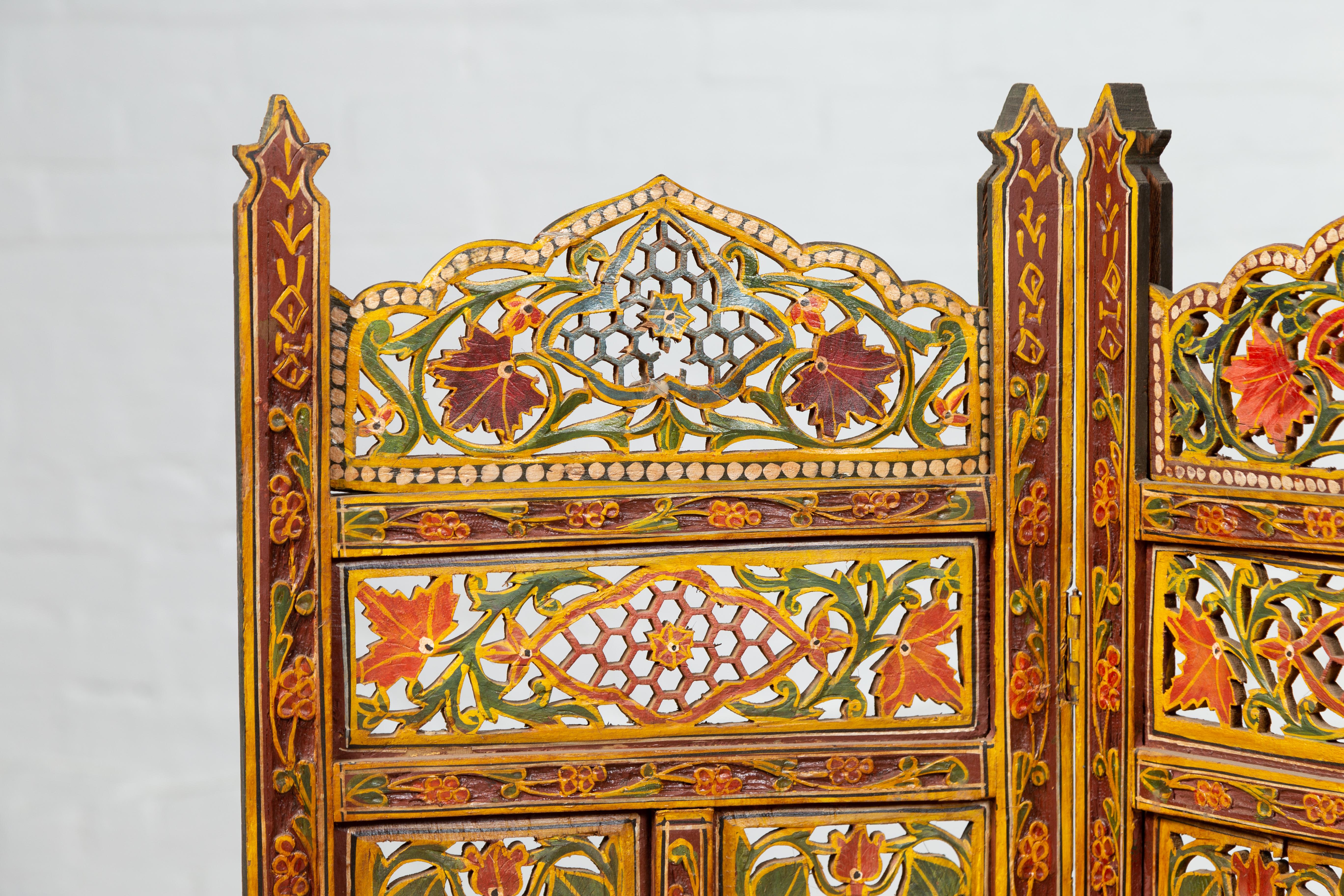 20th Century Indian Multi-Color Open Fretwork Hand Carved and Hand Painted Four-Panel Screen
