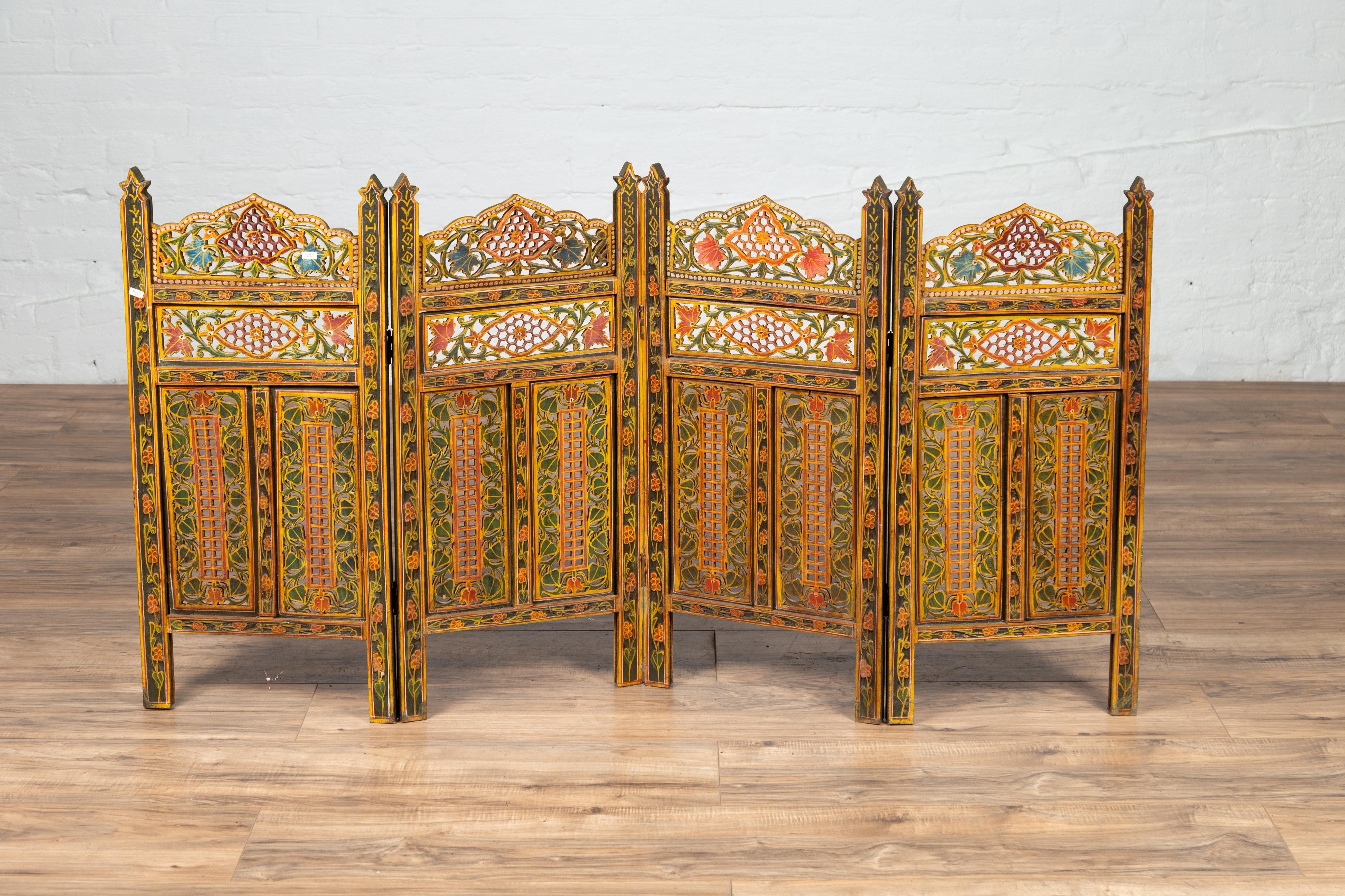 Wood Indian Multi-Color Open Fretwork Hand Carved and Hand Painted Four-Panel Screen