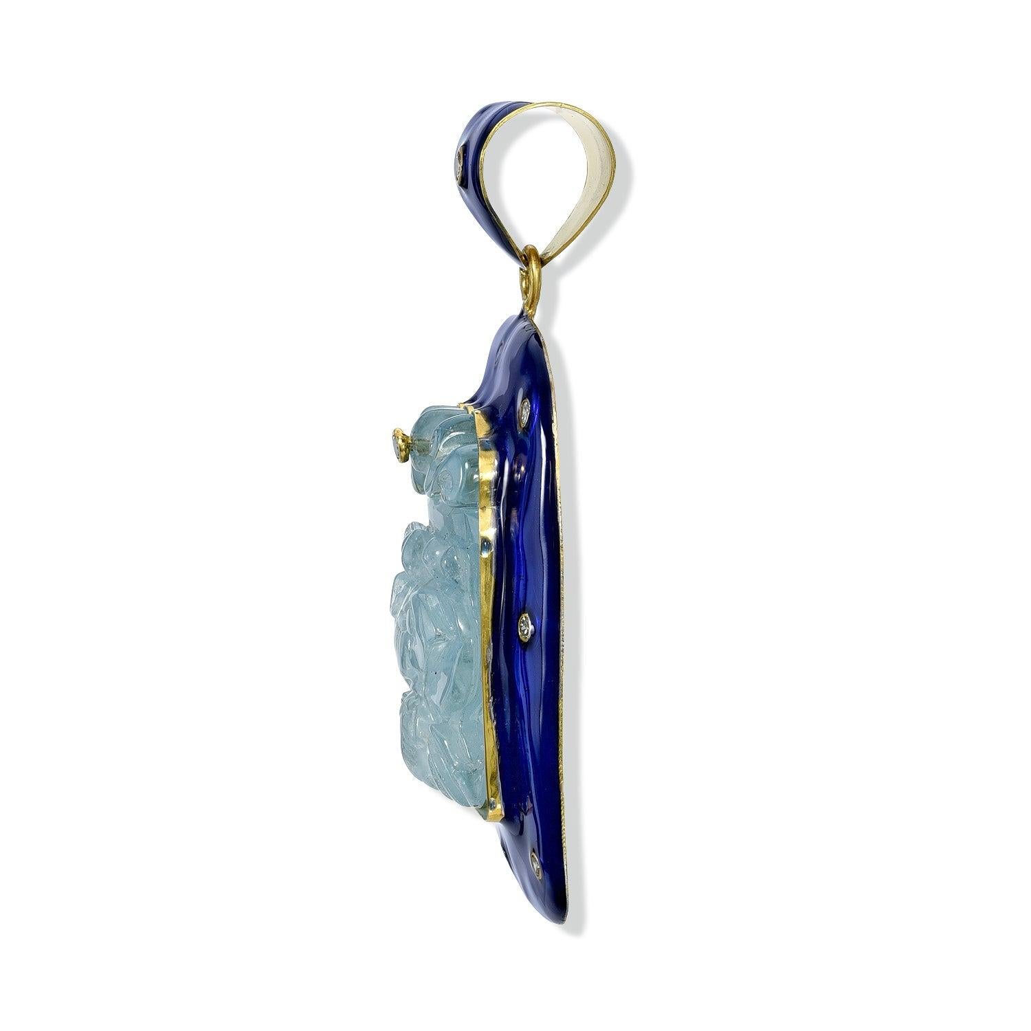 Add a touch of elegance to your collection with our Aquamarine Carving Enamel Pendant. Its hand-painted enamel detailing brings a new level of luxury and craftsmanship to the piece, and the 18k gold brings an edgy flair that makes this pendant an