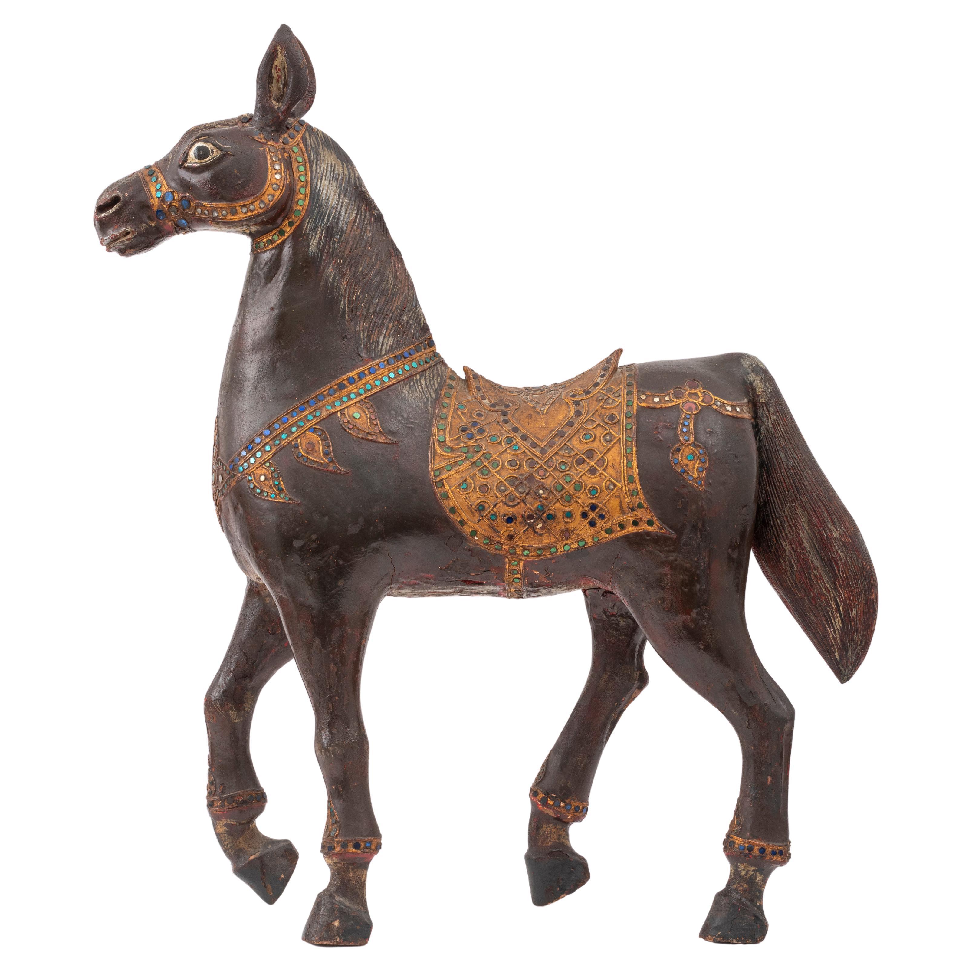 Indian Painted and Inlaid Wood Horse Carving