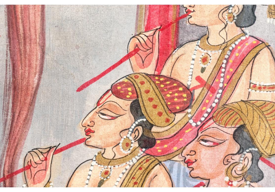 Indian Painted Paper Panel With Court Figures And A Deity For Sale 3