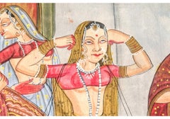 Pannello indiano in carta dipinta con figure di corte e una divinità