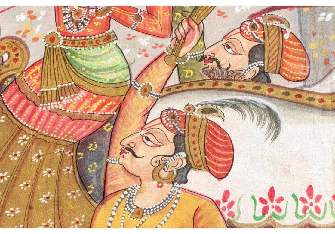 Anglo Raj Indian Painted Paper Panel With Court Figures And A Deity For Sale