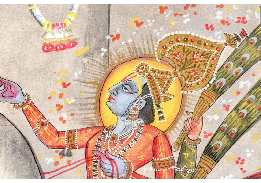 20th Century Indian Painted Paper Panel With Court Figures And A Deity For Sale