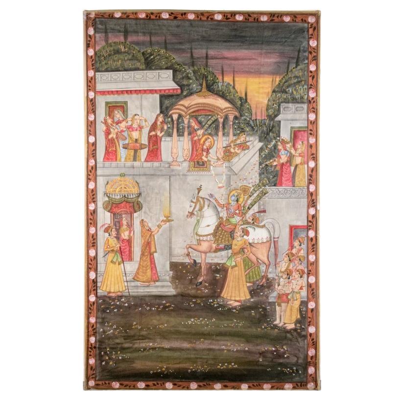 Indian Painted Paper Panel With Court Figures And A Deity
