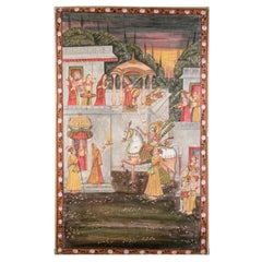 Panneau de papier indien peint avec des figures de cour et une divinité