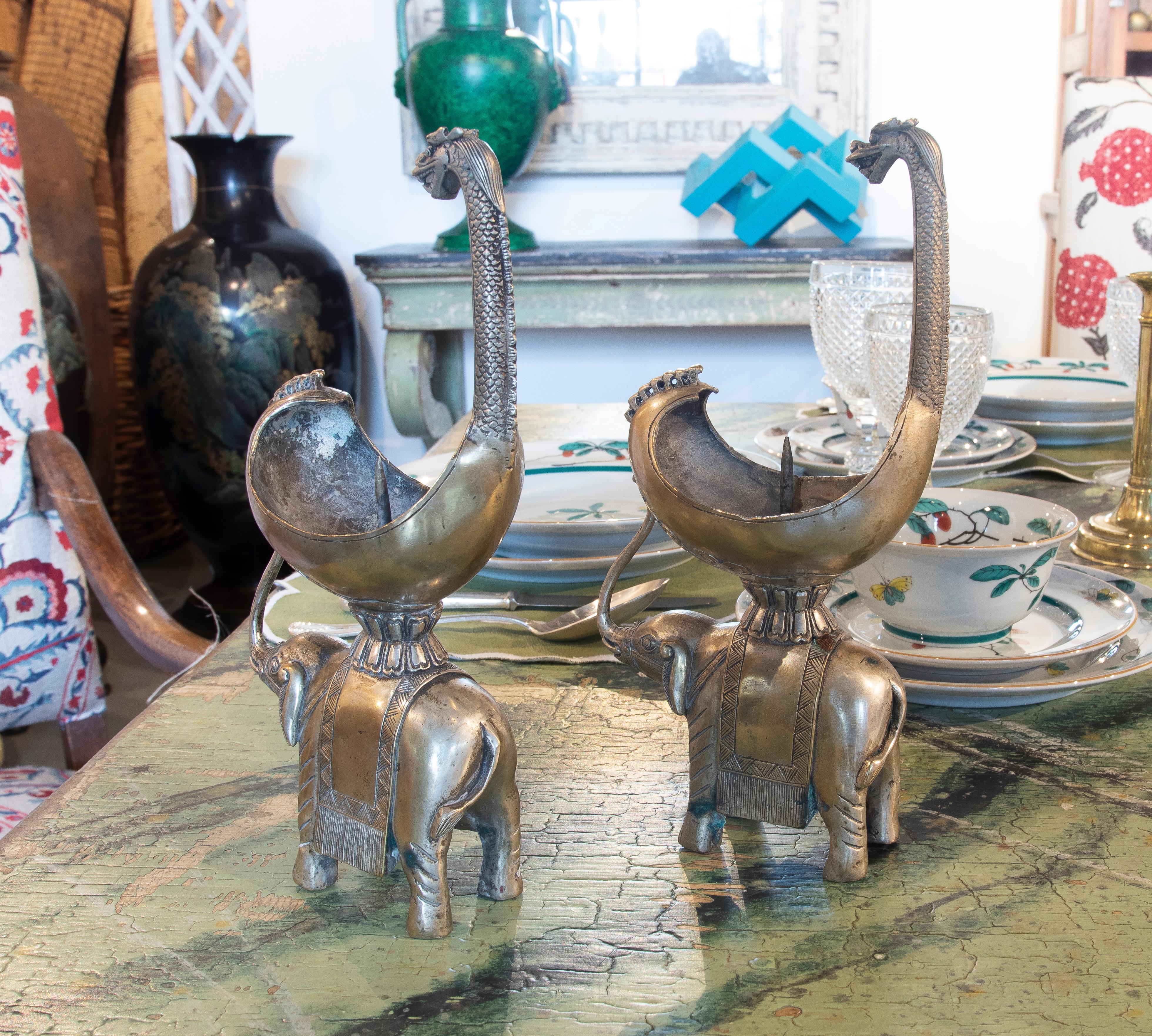 20th Century Indian Pair of Silver Plated Bronze Elephant Candlesticks For Sale