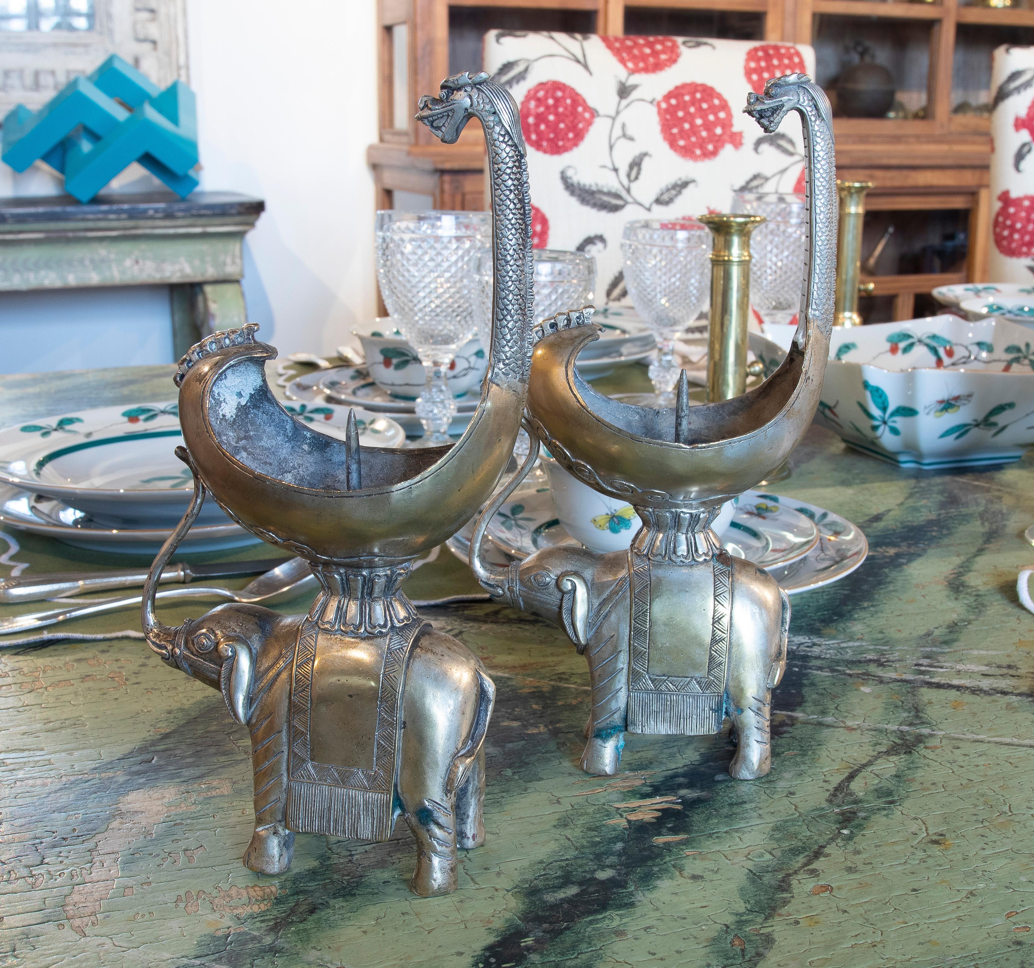 Indian Pair of Silver Plated Bronze Elephant Candlesticks For Sale 1