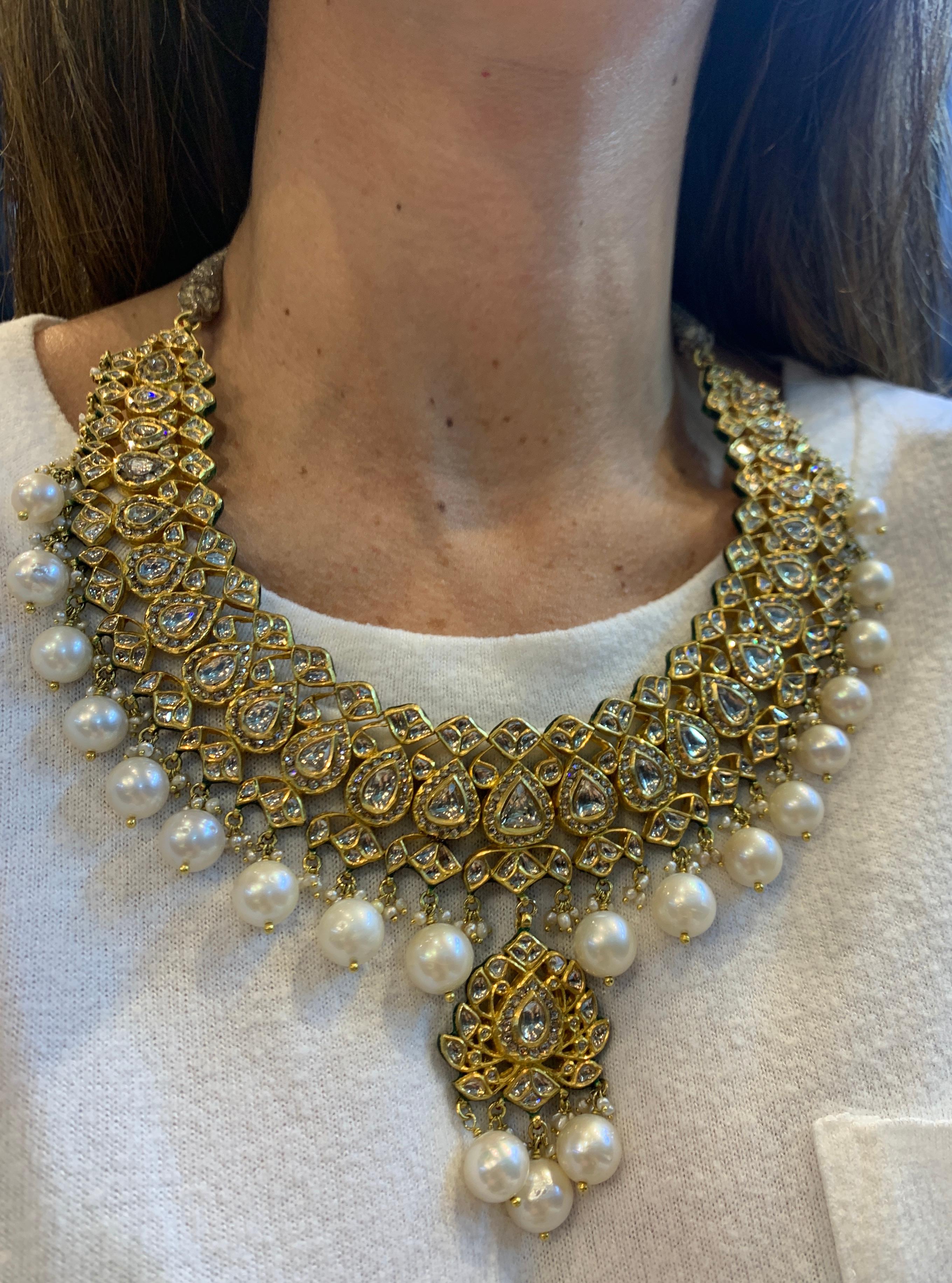 Taglio a rosa Collana di perle e diamanti indiani in vendita