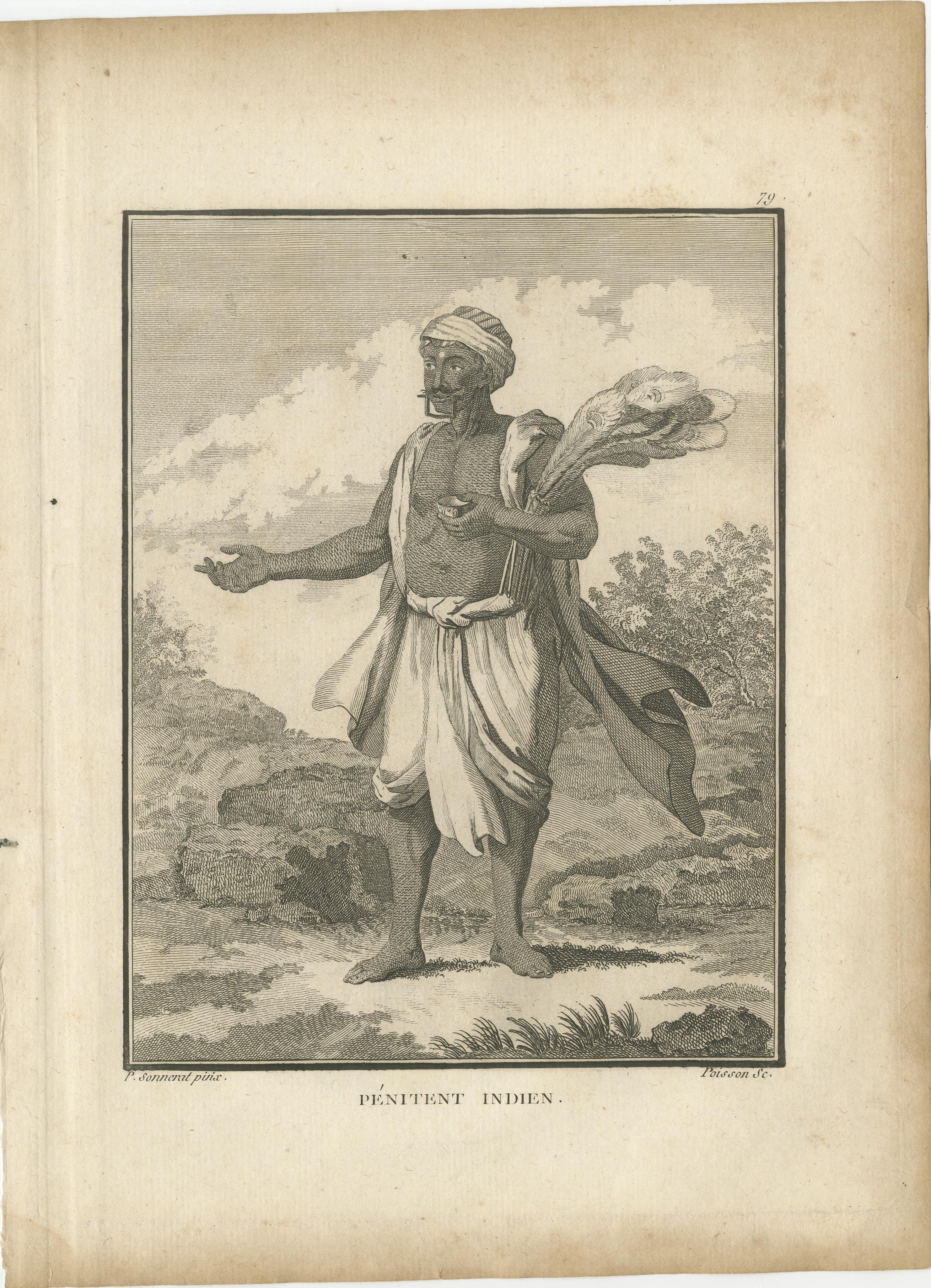 Pénitent indien avec des instruments rituels - Gravure d'après Sonnerat, 1806

Cette étonnante gravure ancienne intitulée Pénitent Indien représente un ascète aux pieds nus debout dans un paysage naturel, vêtu d'un simple dhoti et d'un turban. Il