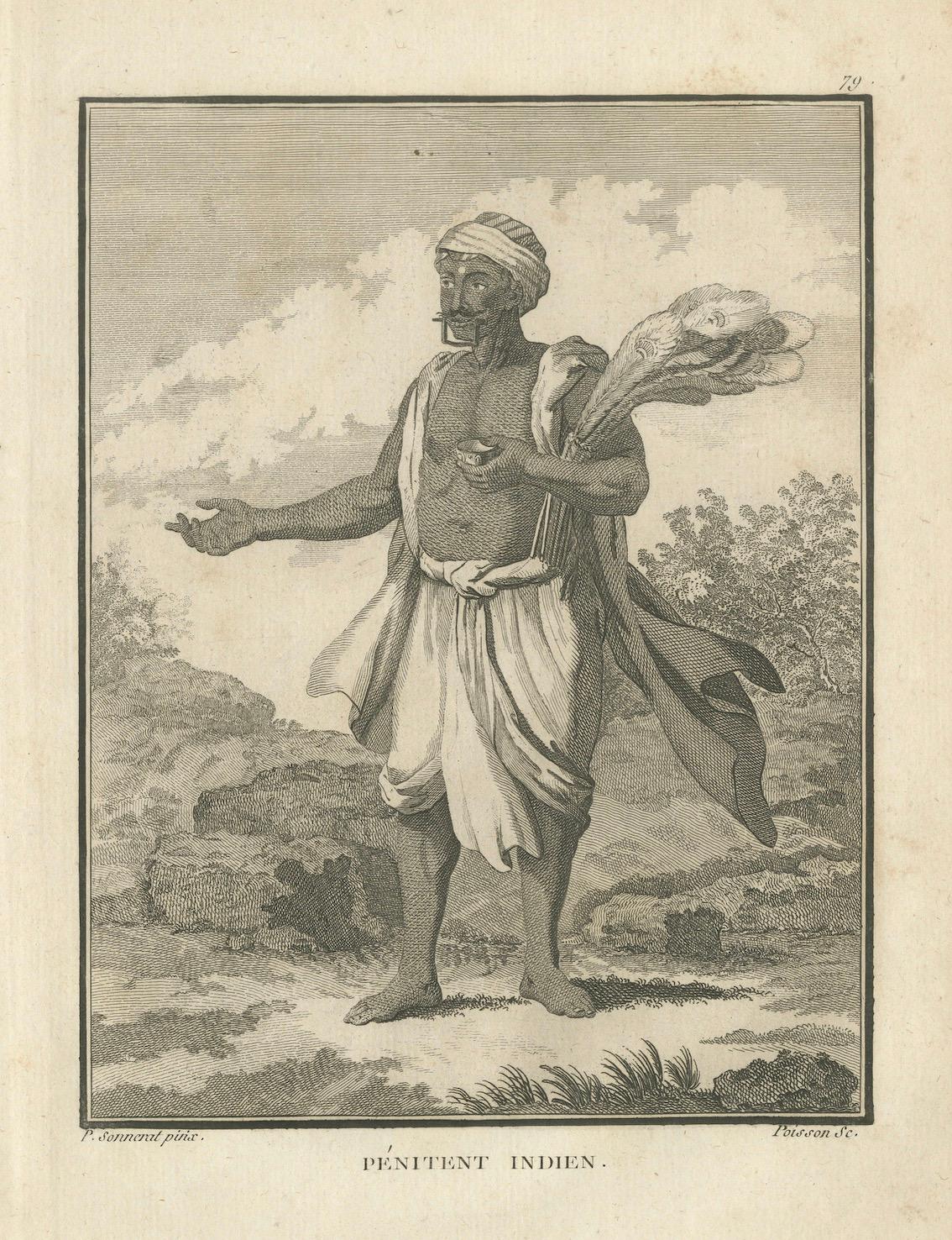 Papier Pénitent indien avec des instruments rituels - Gravure d'après Sonnerat, 1806 en vente